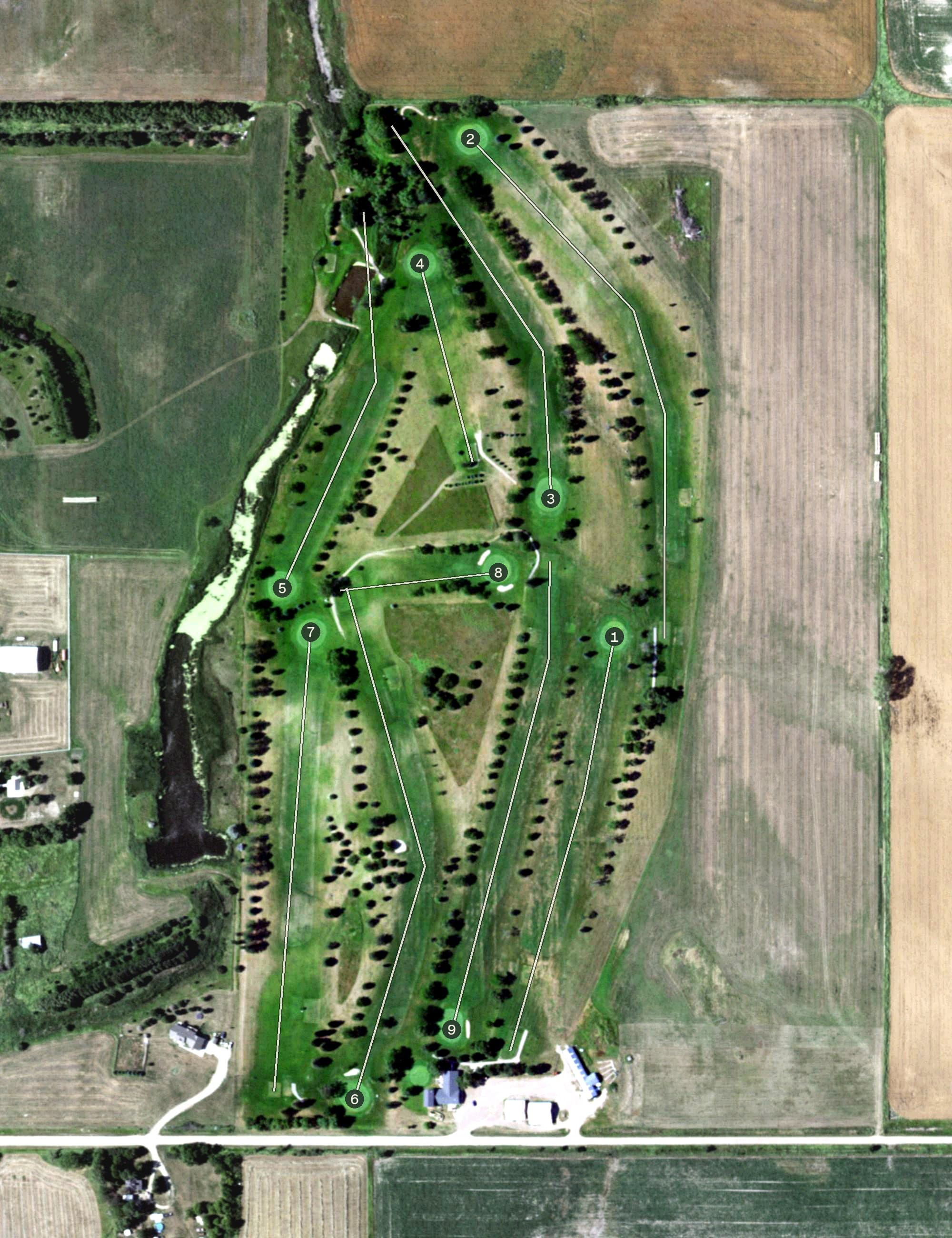 Aerial view of Gregory Golf Course, SD, with its hole routing marked