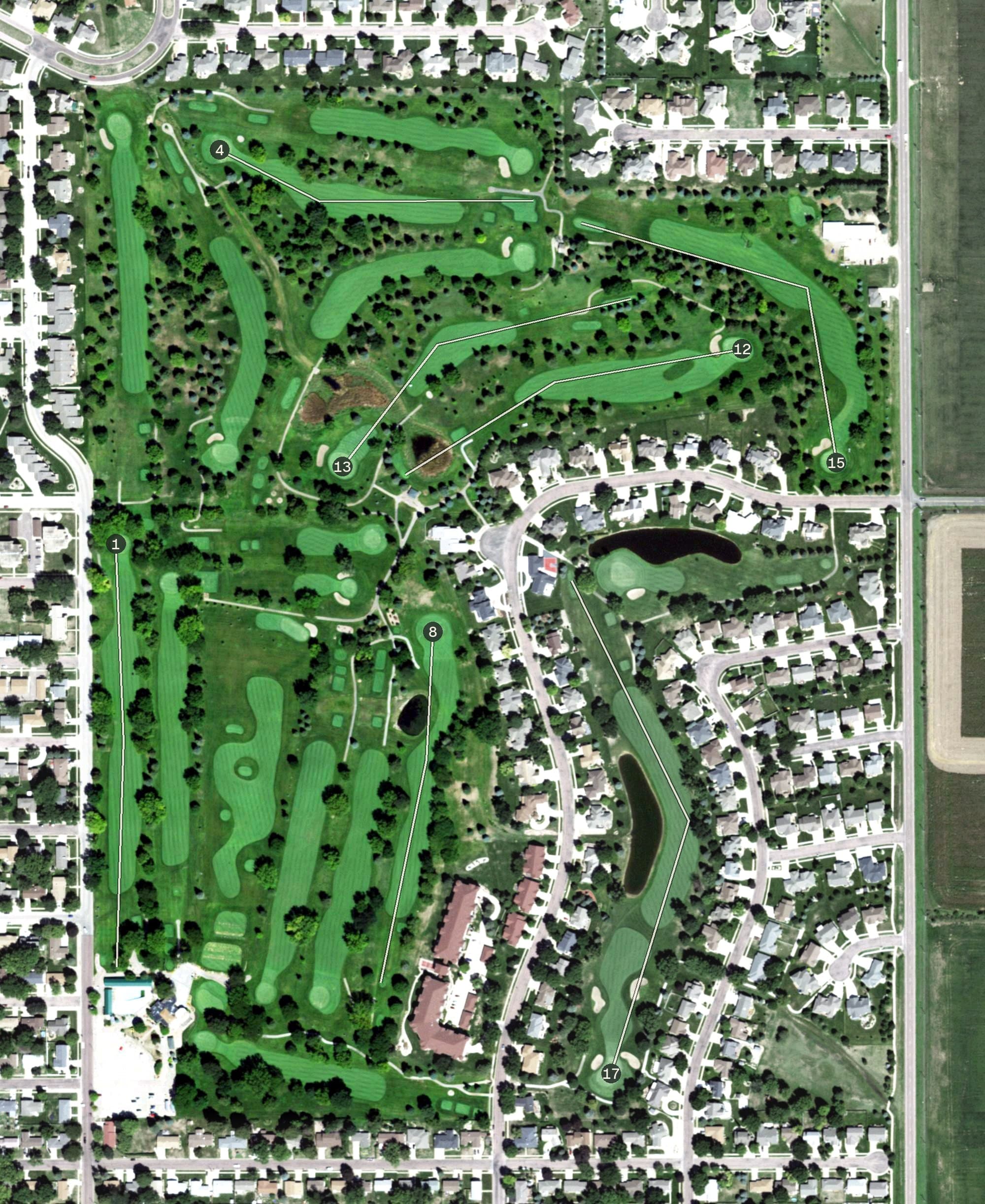 Aerial view of Hillcrest Golf & Country Club, SD, with its hole routing marked