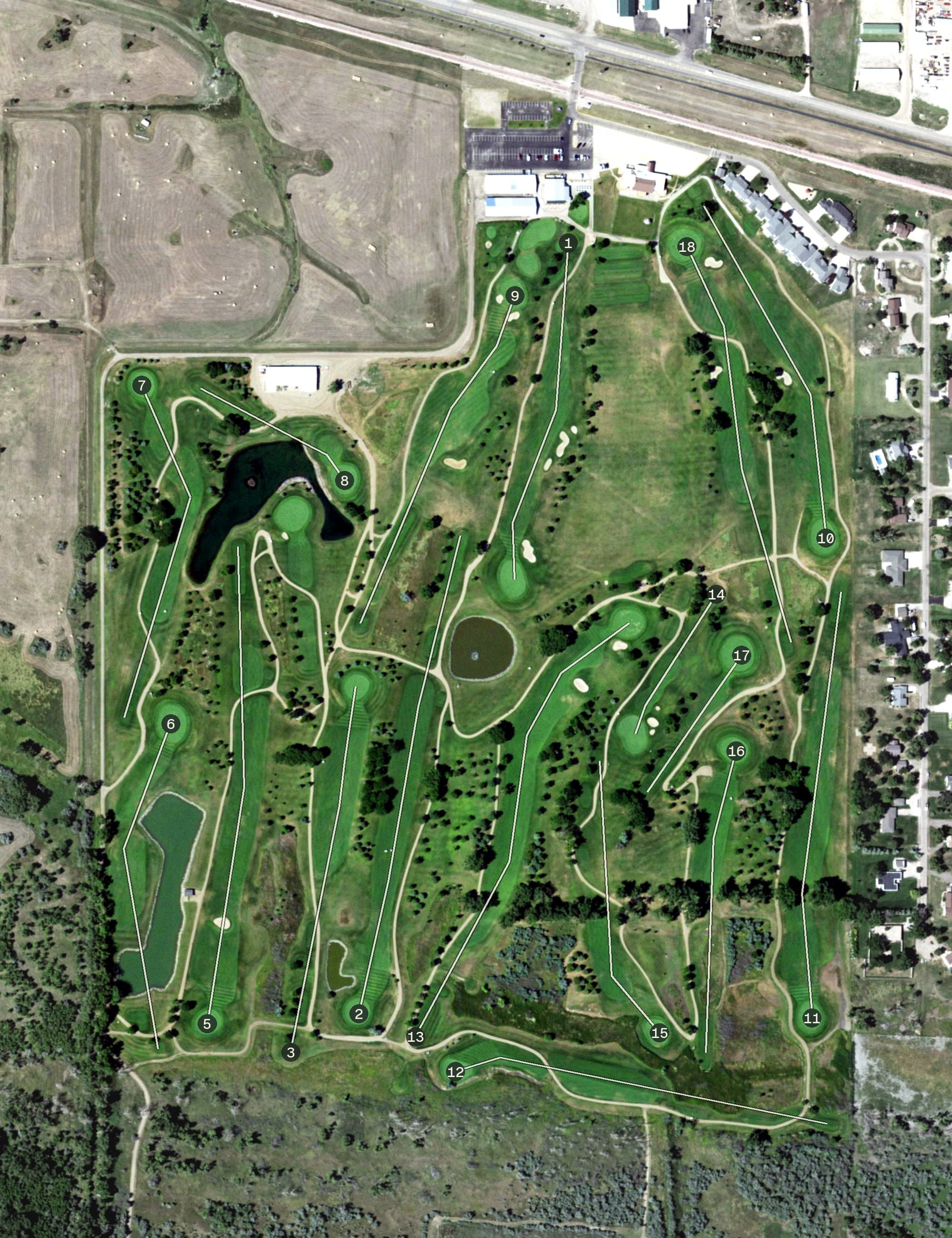 Aerial view of Hillsview Golf Club, SD, with its hole routing marked