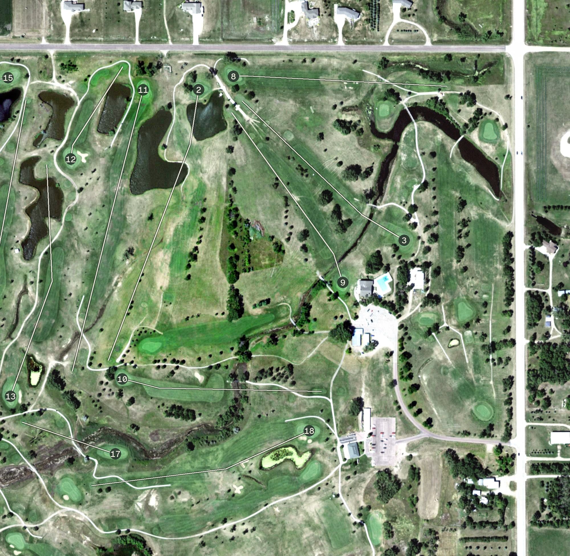 Aerial view of Huron Country Club, SD, with its hole routing marked