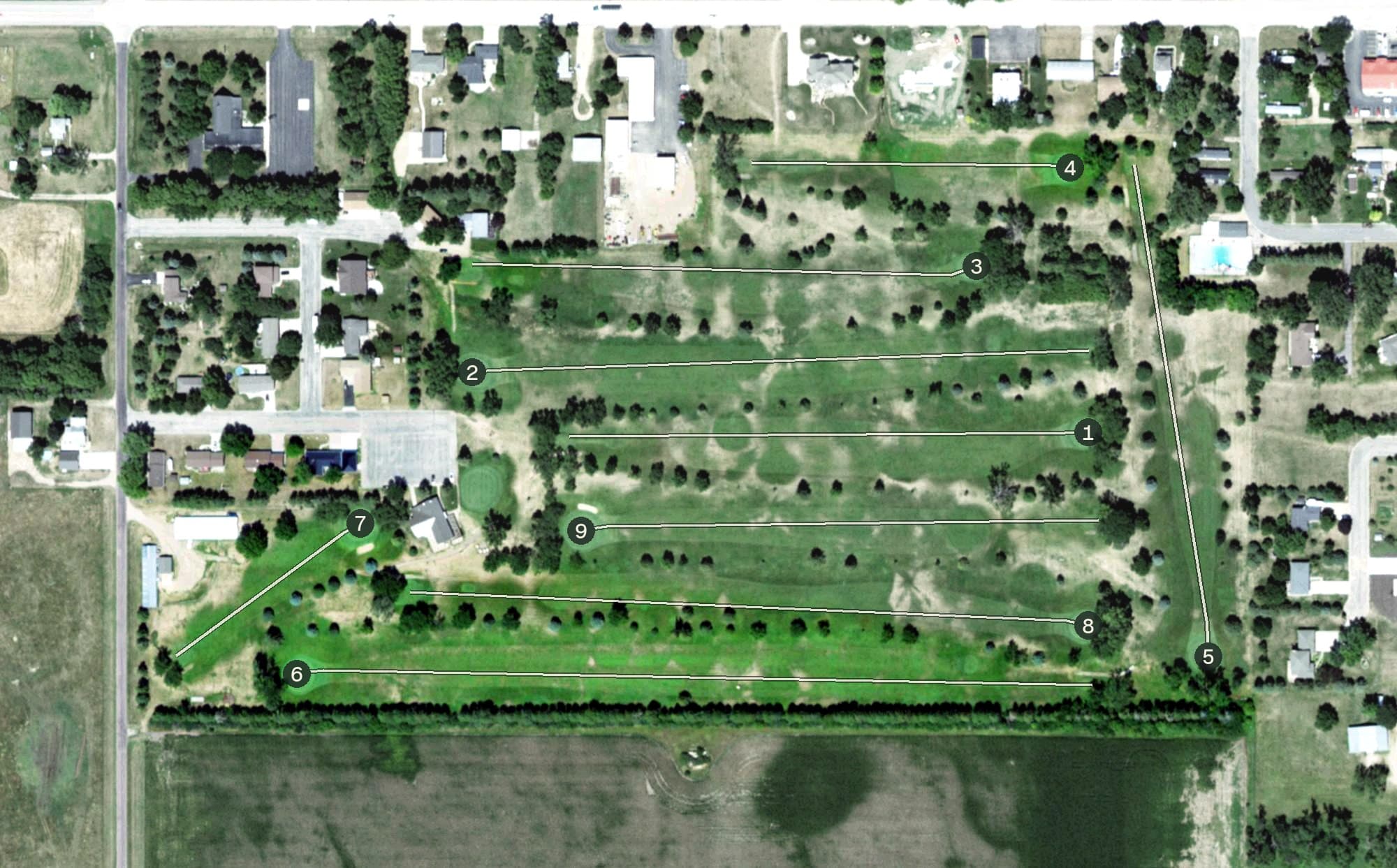 Aerial view of Kingsbury County Country Club, SD, with its hole routing marked