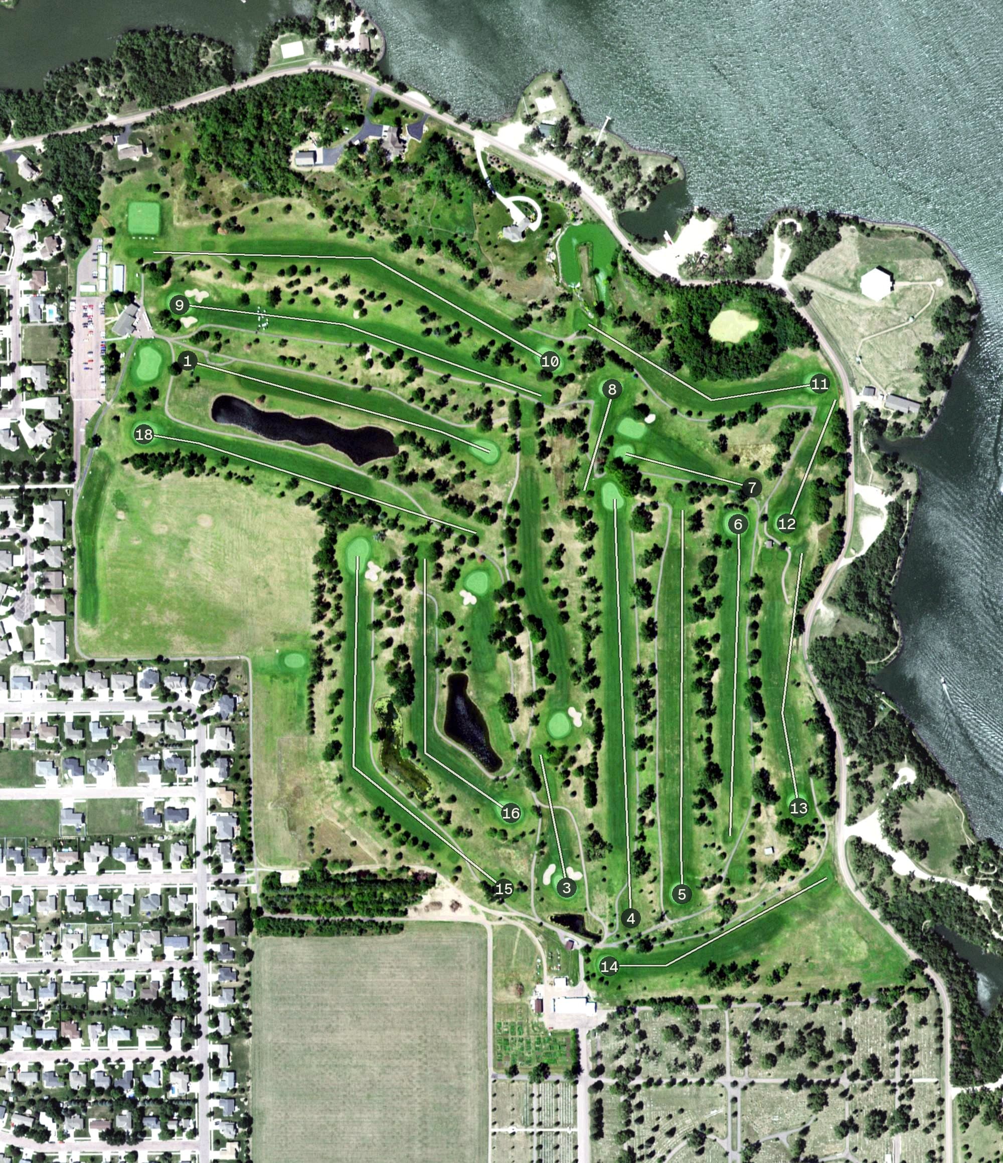 Aerial view of Lakeview Golf Course, SD, with its hole routing marked