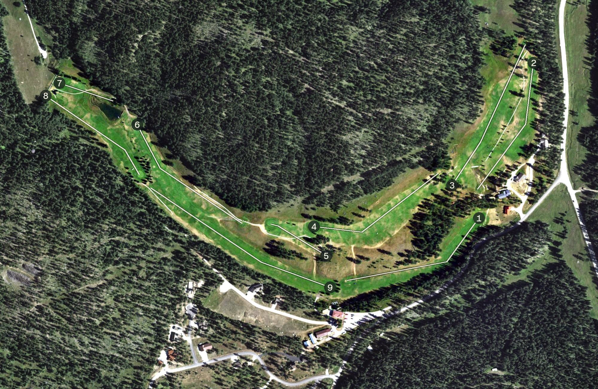 Aerial view of Lead Golf Course, SD, with its hole routing marked