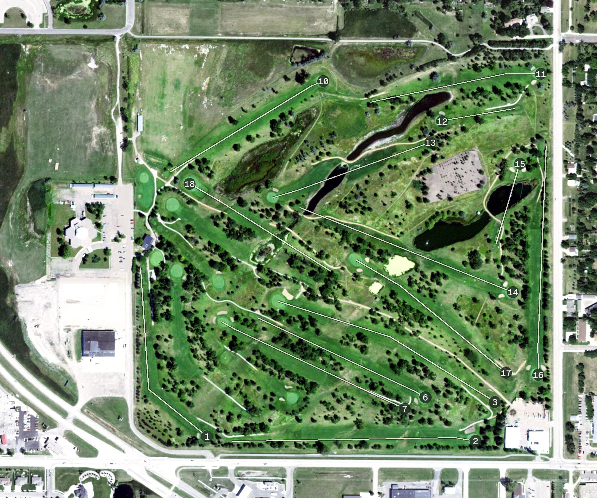 Aerial view of Lee Park Golf Course, SD, with its hole routing marked