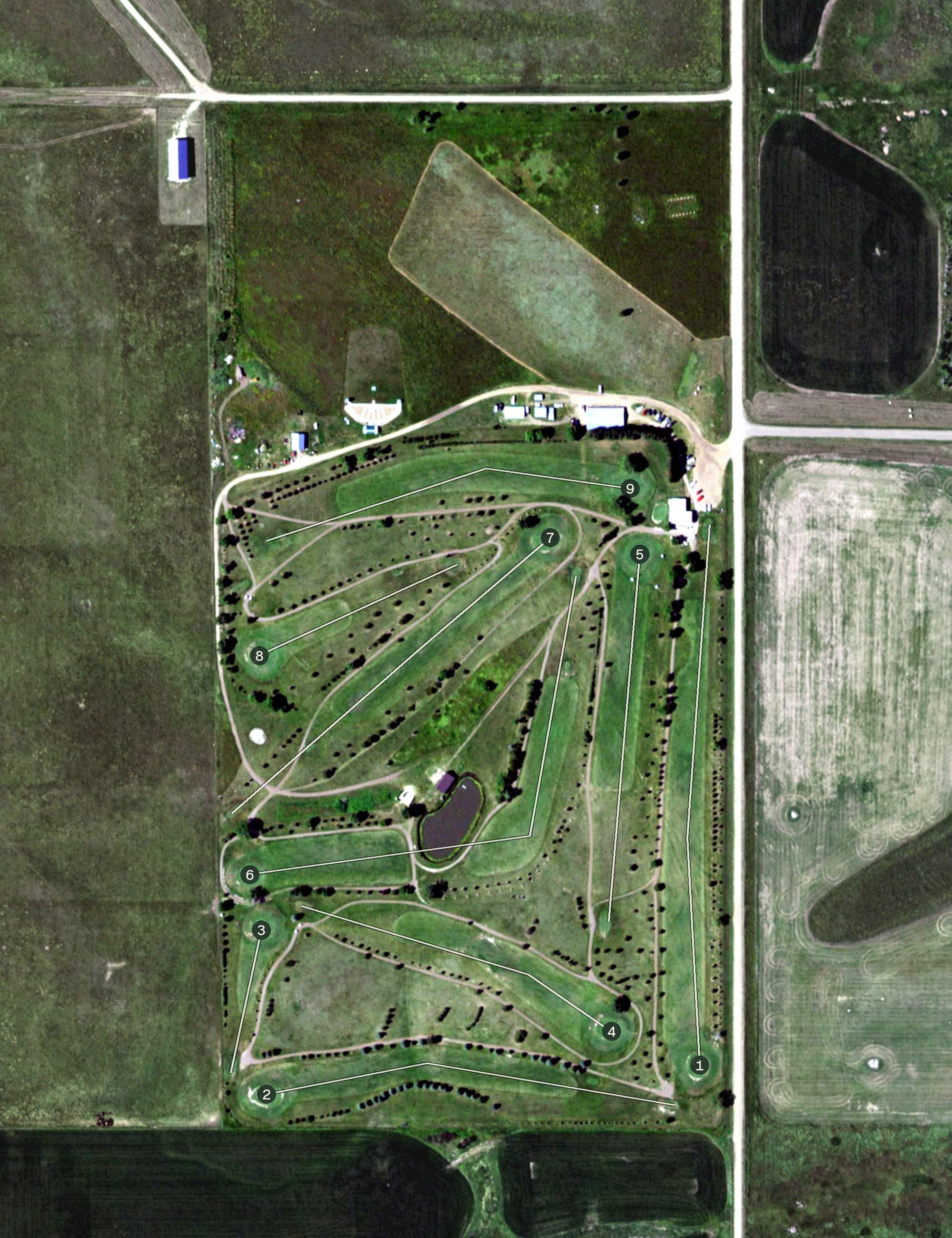 Aerial view of Lemmon Country Club, SD, with its hole routing marked