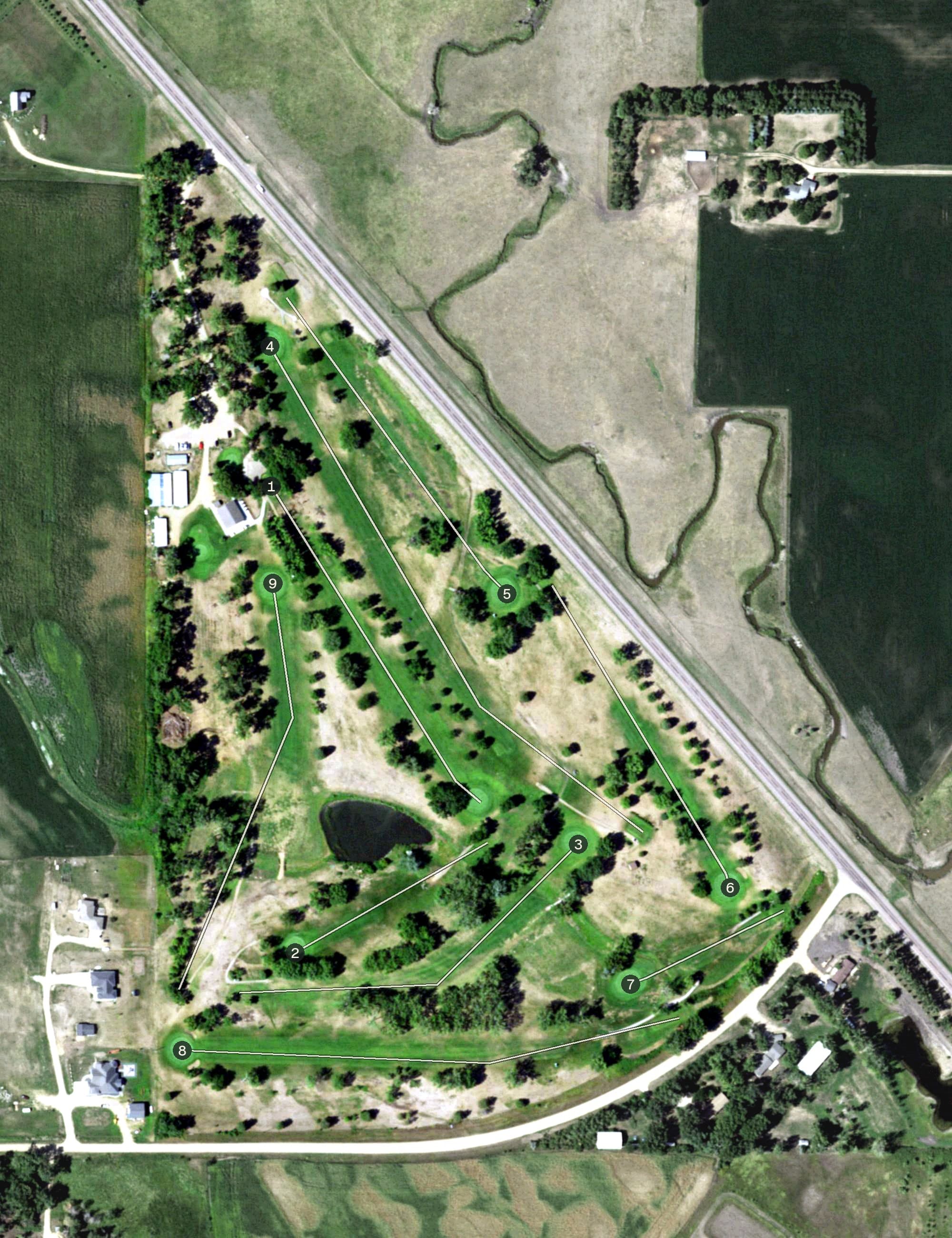 Aerial view of Lenkota Country Club, SD, with its hole routing marked