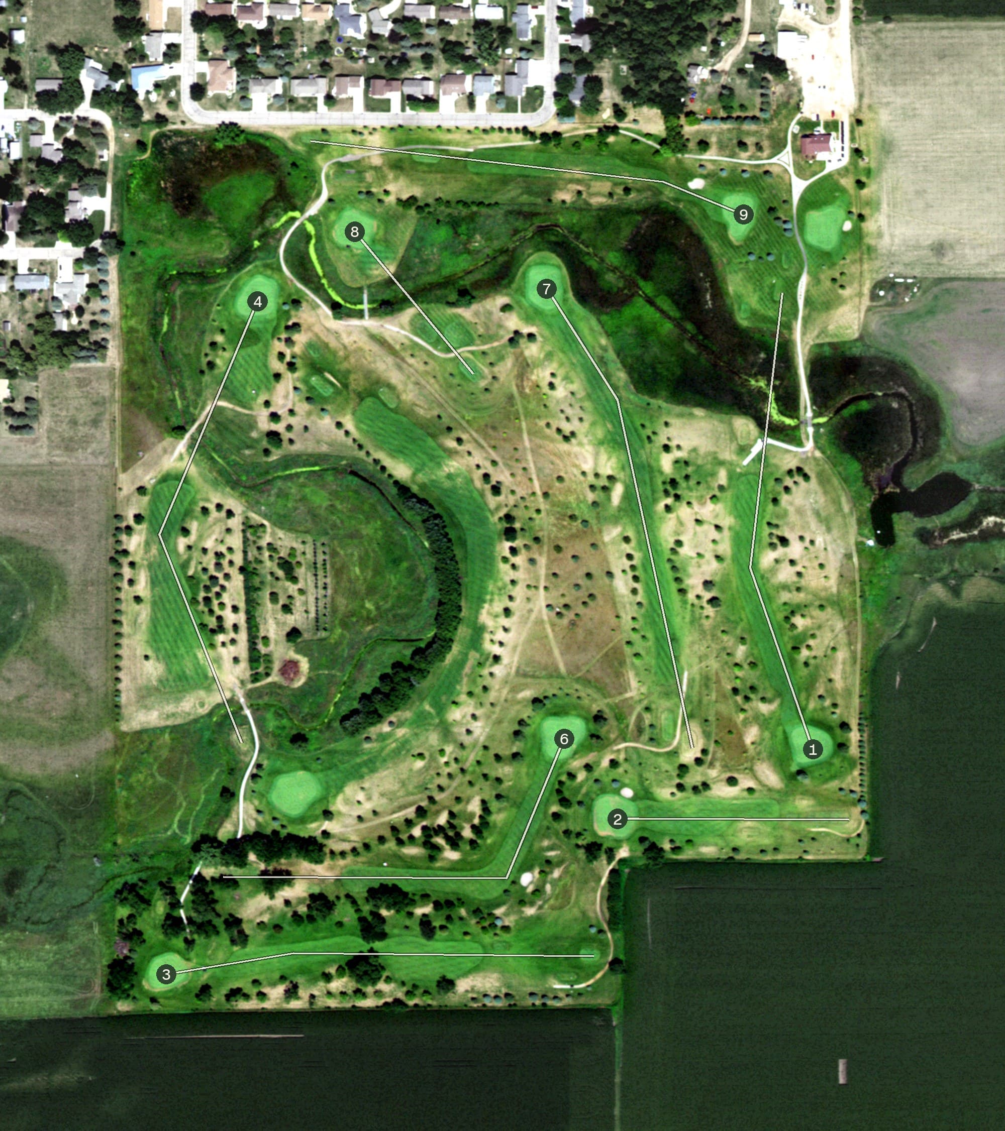 Aerial view of Meadow Creek Golf Course, SD, with its hole routing marked