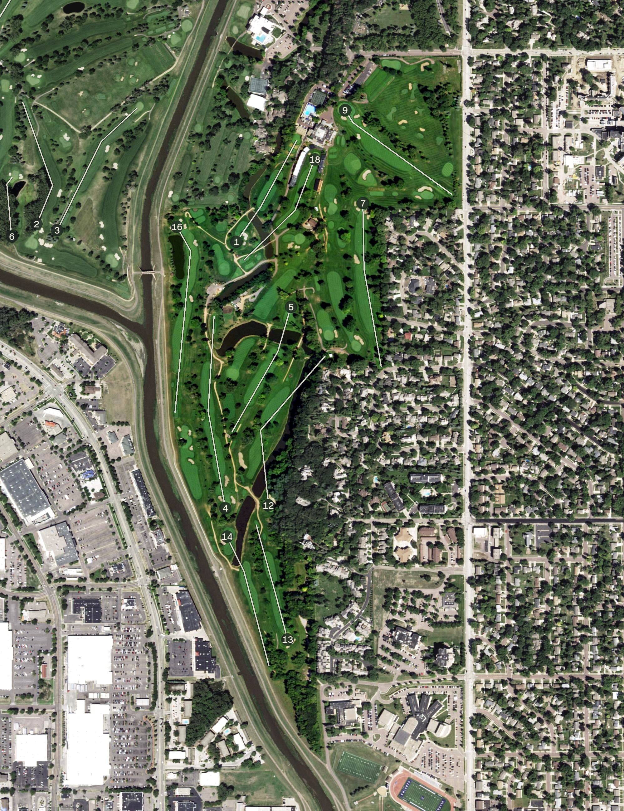 Aerial view of Minnehaha Country Club, SD, with its hole routing marked