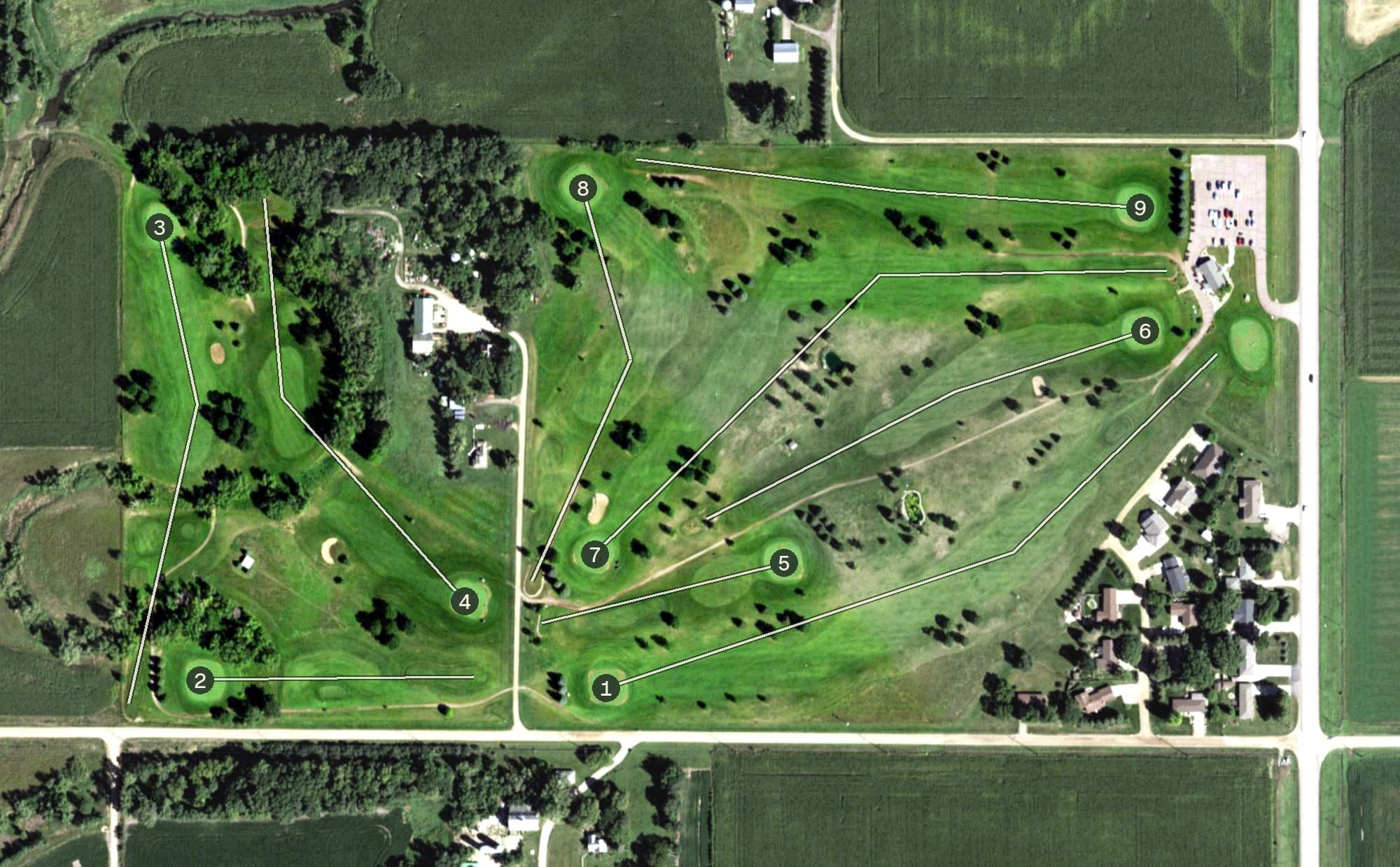 Aerial view of Northern Links Golf Course, SD, with its hole routing marked