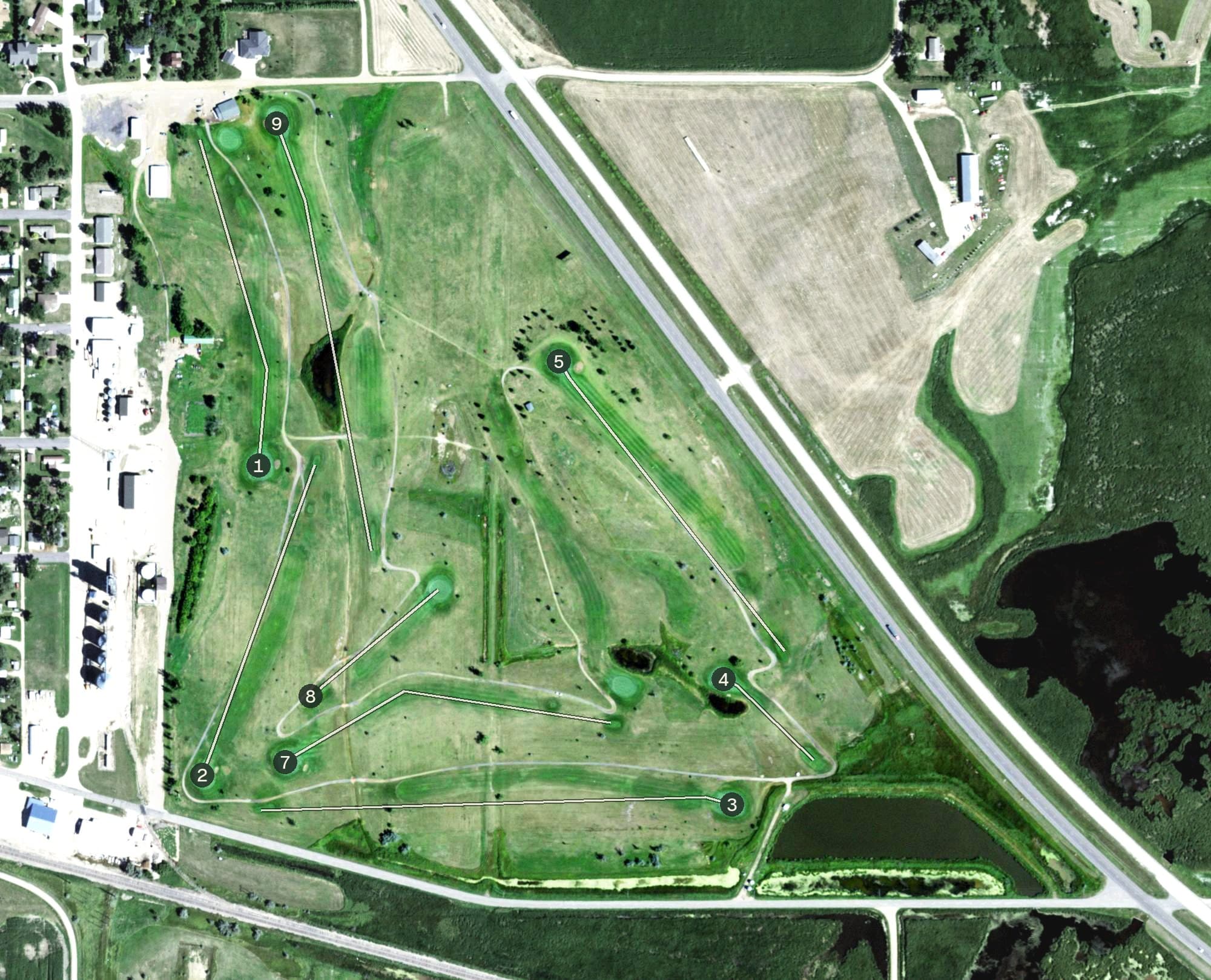 Aerial view of Olive Grove Golf Course, SD, with its hole routing marked