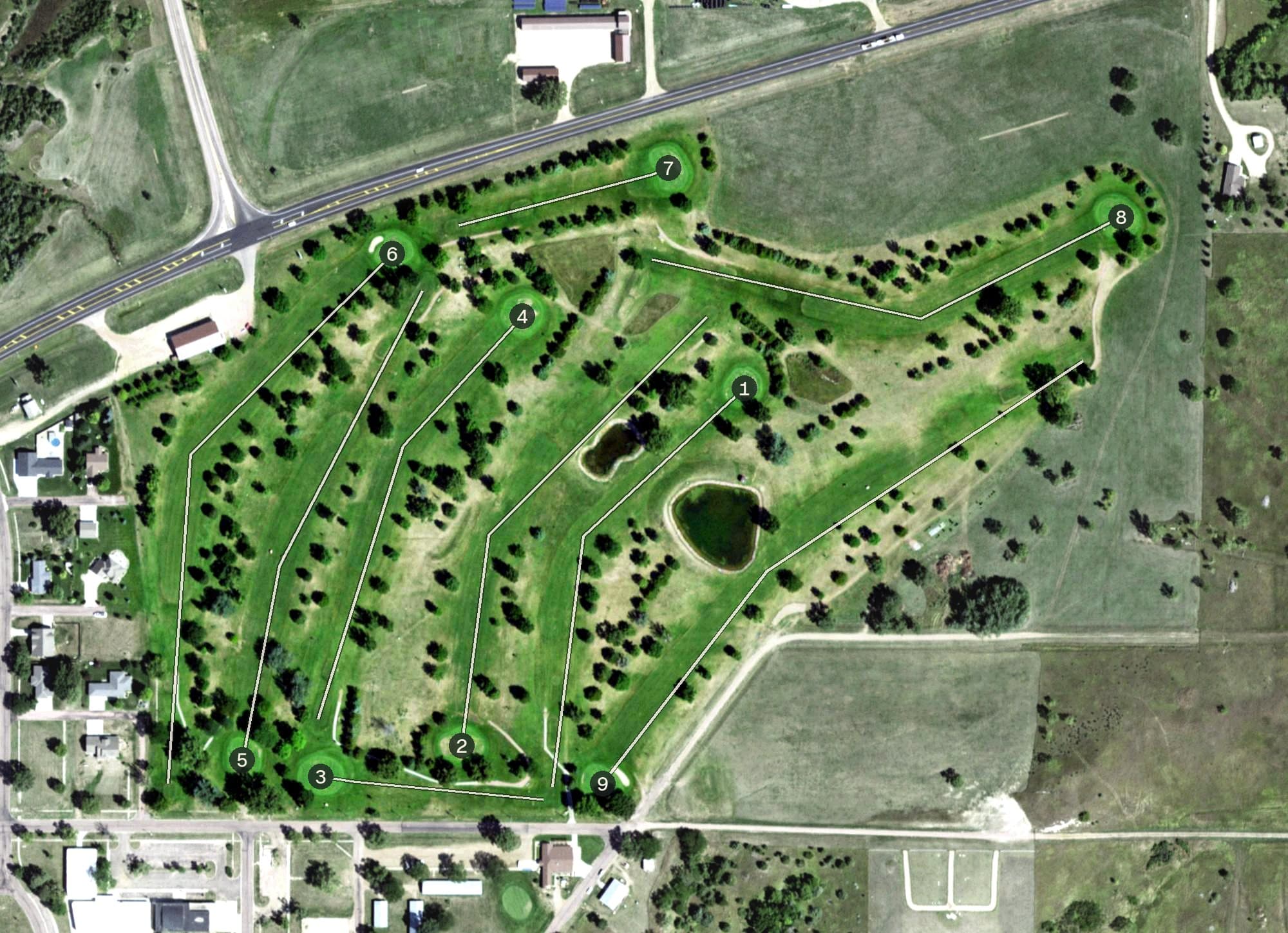Aerial view of Randall Hills Country Club, SD, with its hole routing marked