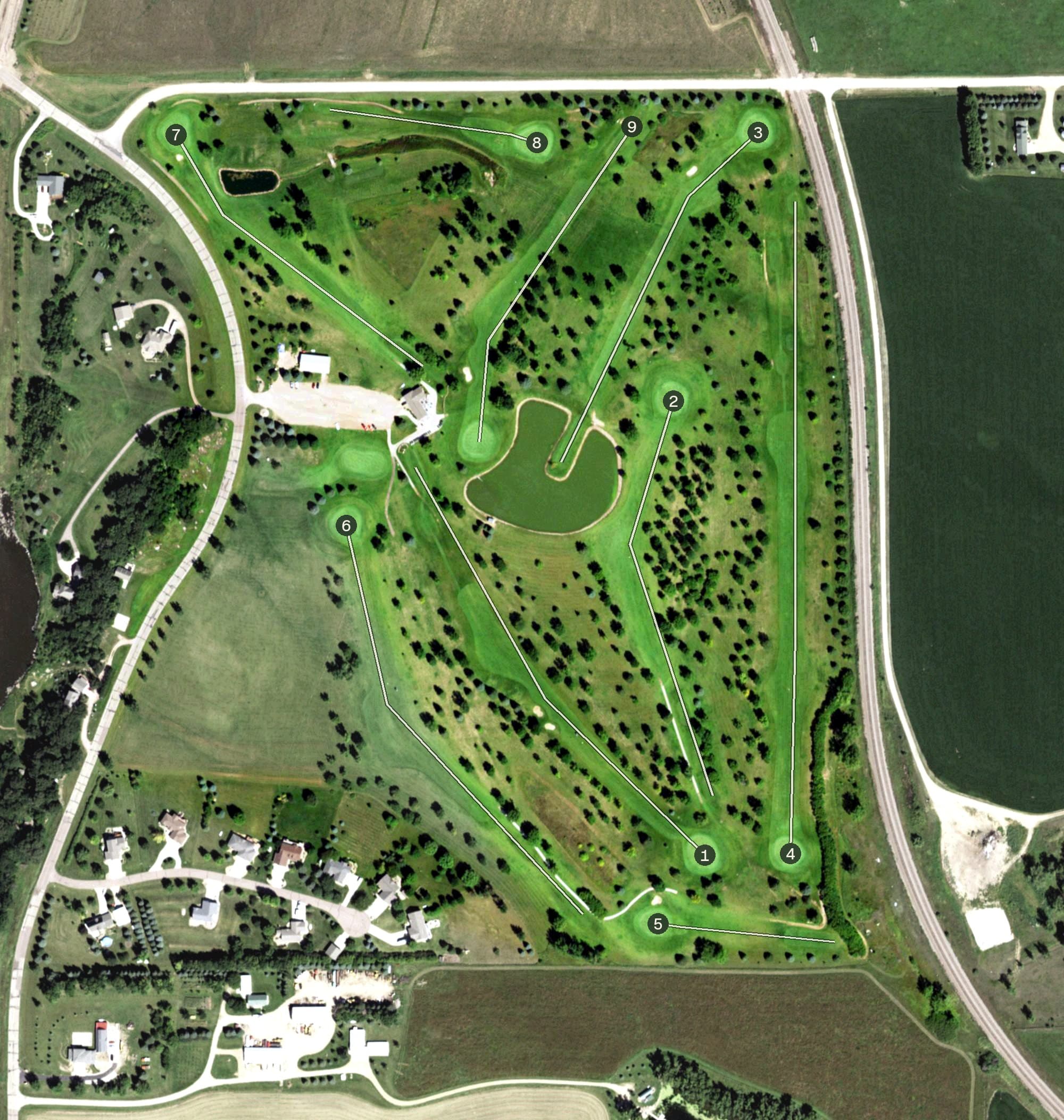 Aerial view of River Ridge Golf Course, SD, with its hole routing marked