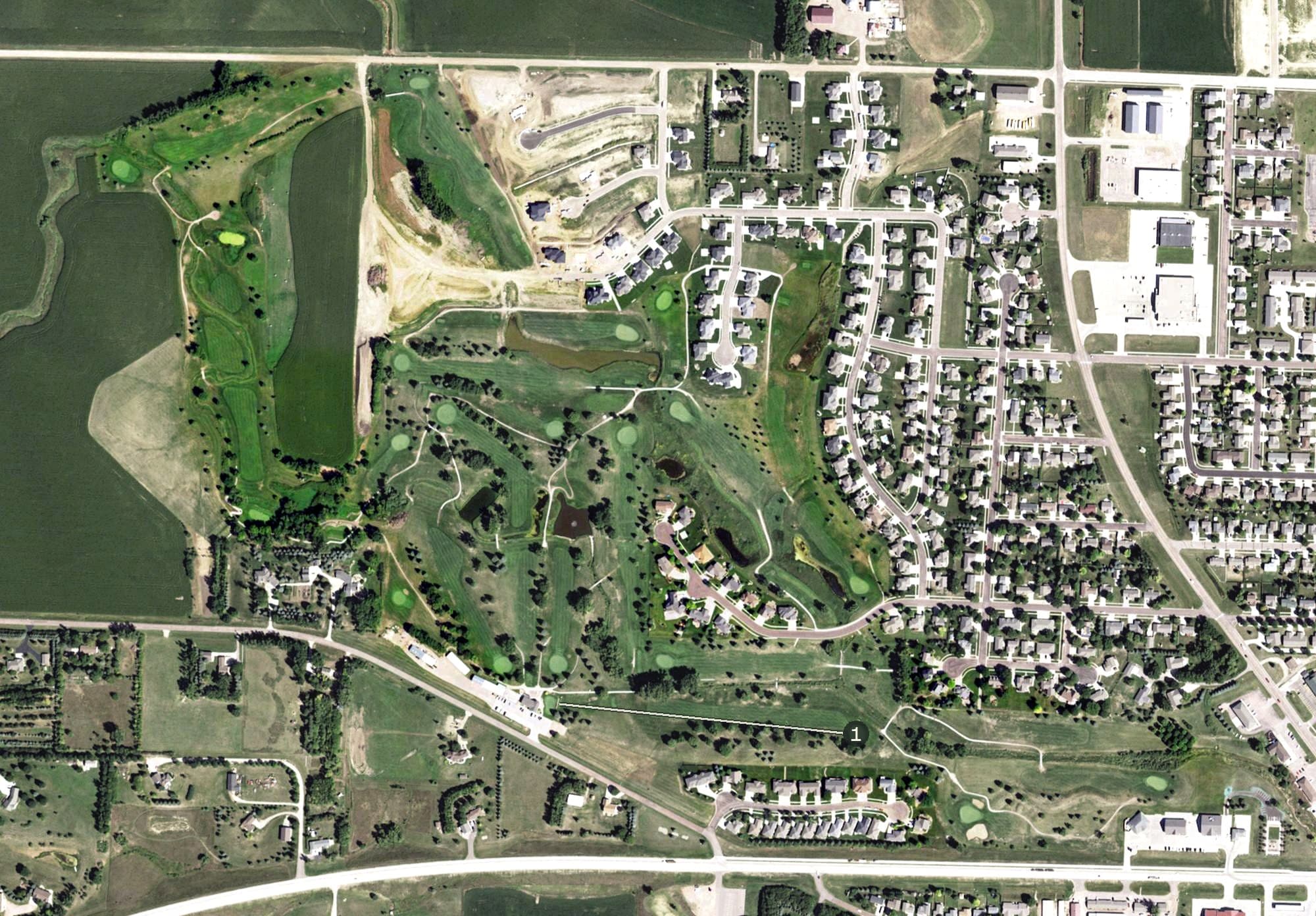 Aerial view of Rocky Run Golf Course, SD, with its hole routing marked