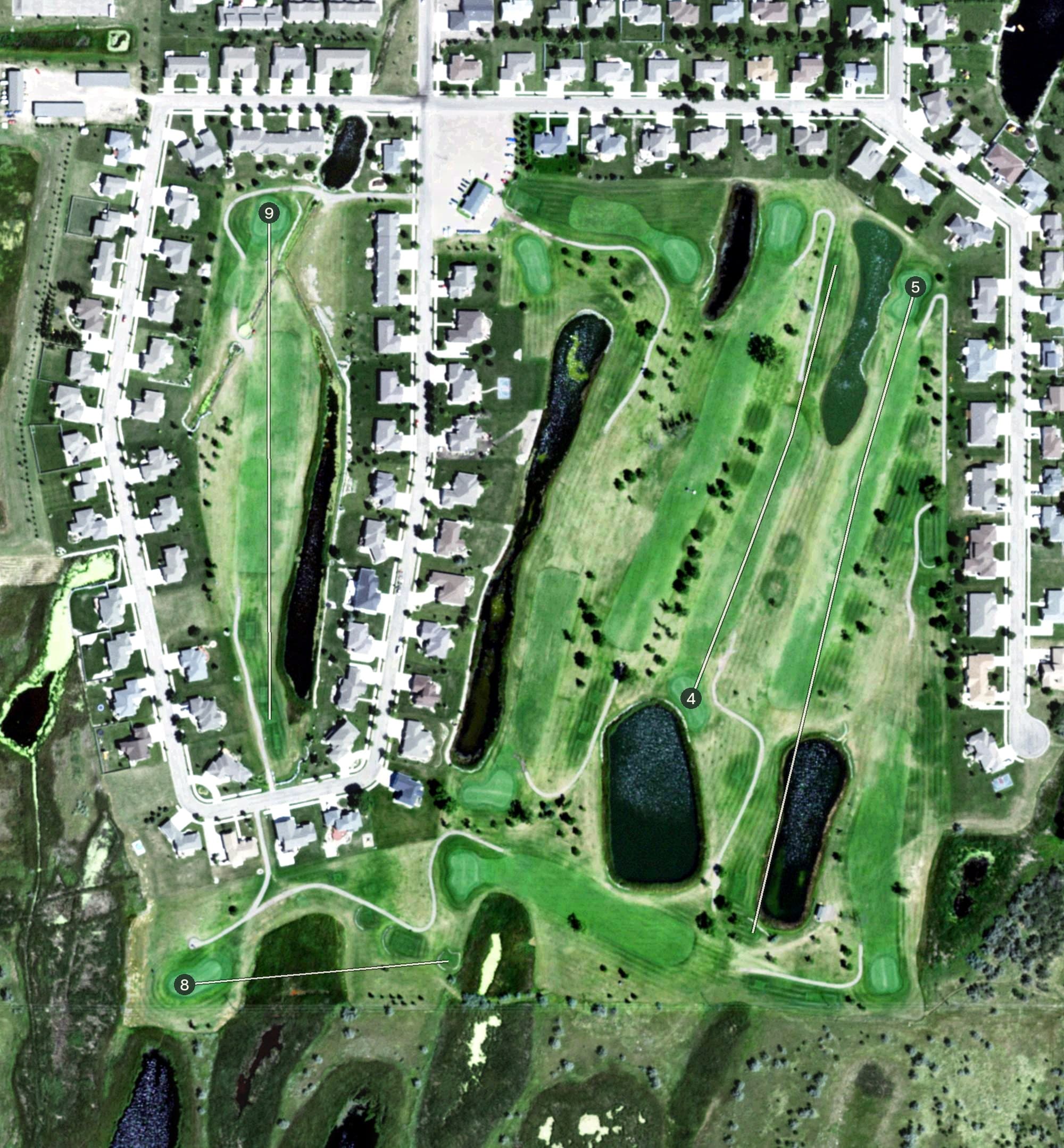 Aerial view of Rolling Hills Golf Course, SD, with its hole routing marked