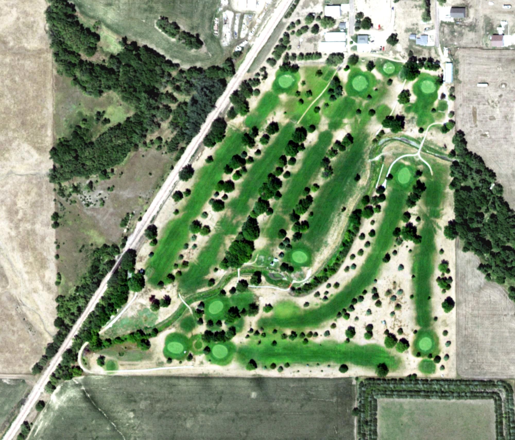 Aerial view of Scotland Dawson Creek Golf Course, SD, with its hole routing marked