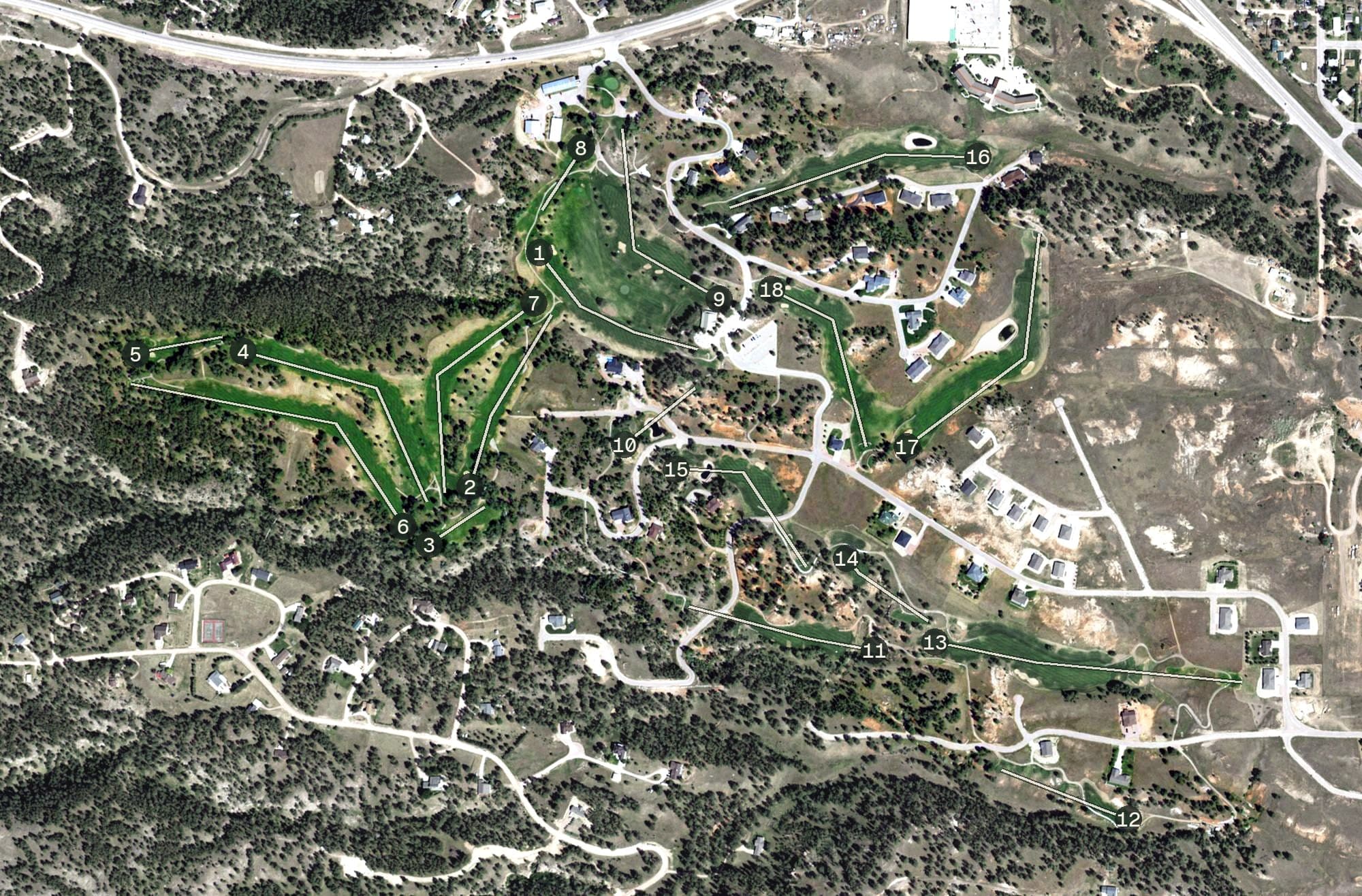 Aerial view of Southern Hills Golf Course, SD, with its hole routing marked