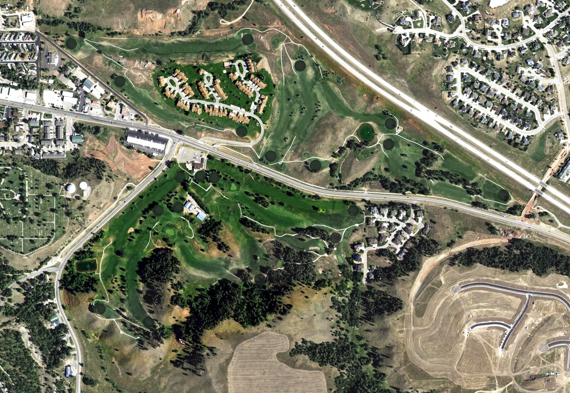 Aerial view of Spearfish Canyon Country Club, SD, with its hole routing marked