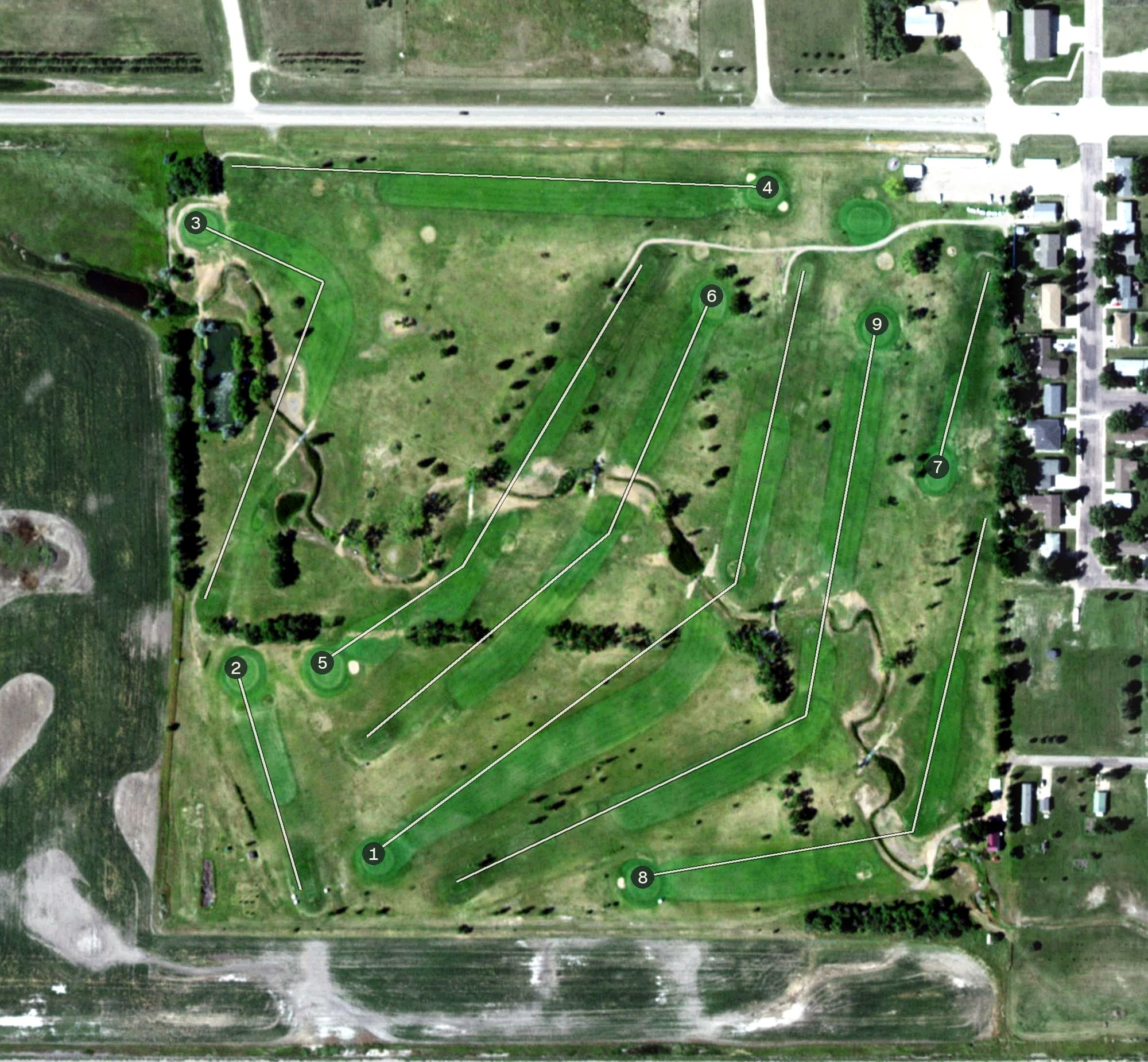 Aerial view of Split Rock Country Club, SD, with its hole routing marked