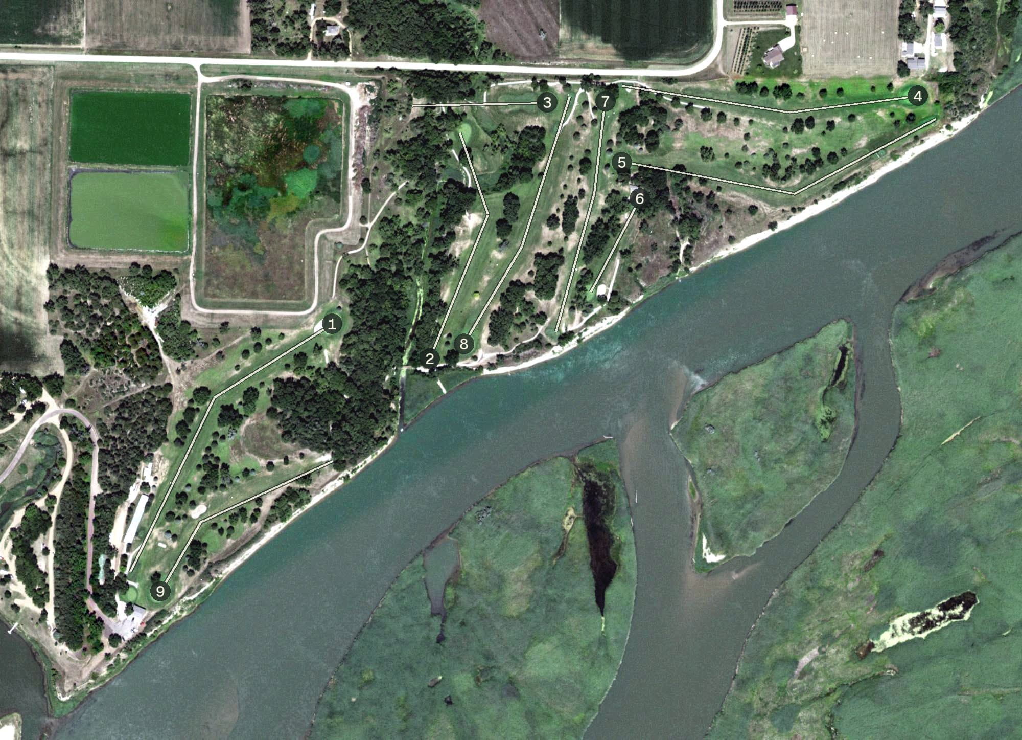 Aerial view of Springfield Golf Club, SD, with its hole routing marked