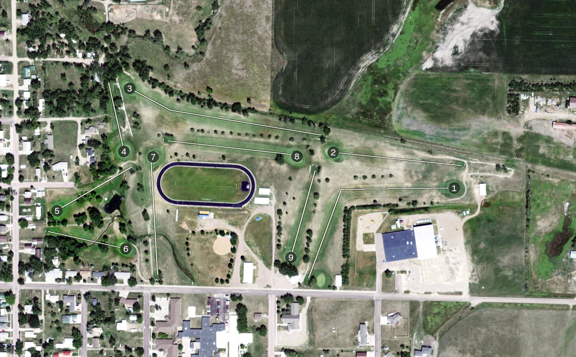Aerial view of Springs Country Club, SD, with its hole routing marked