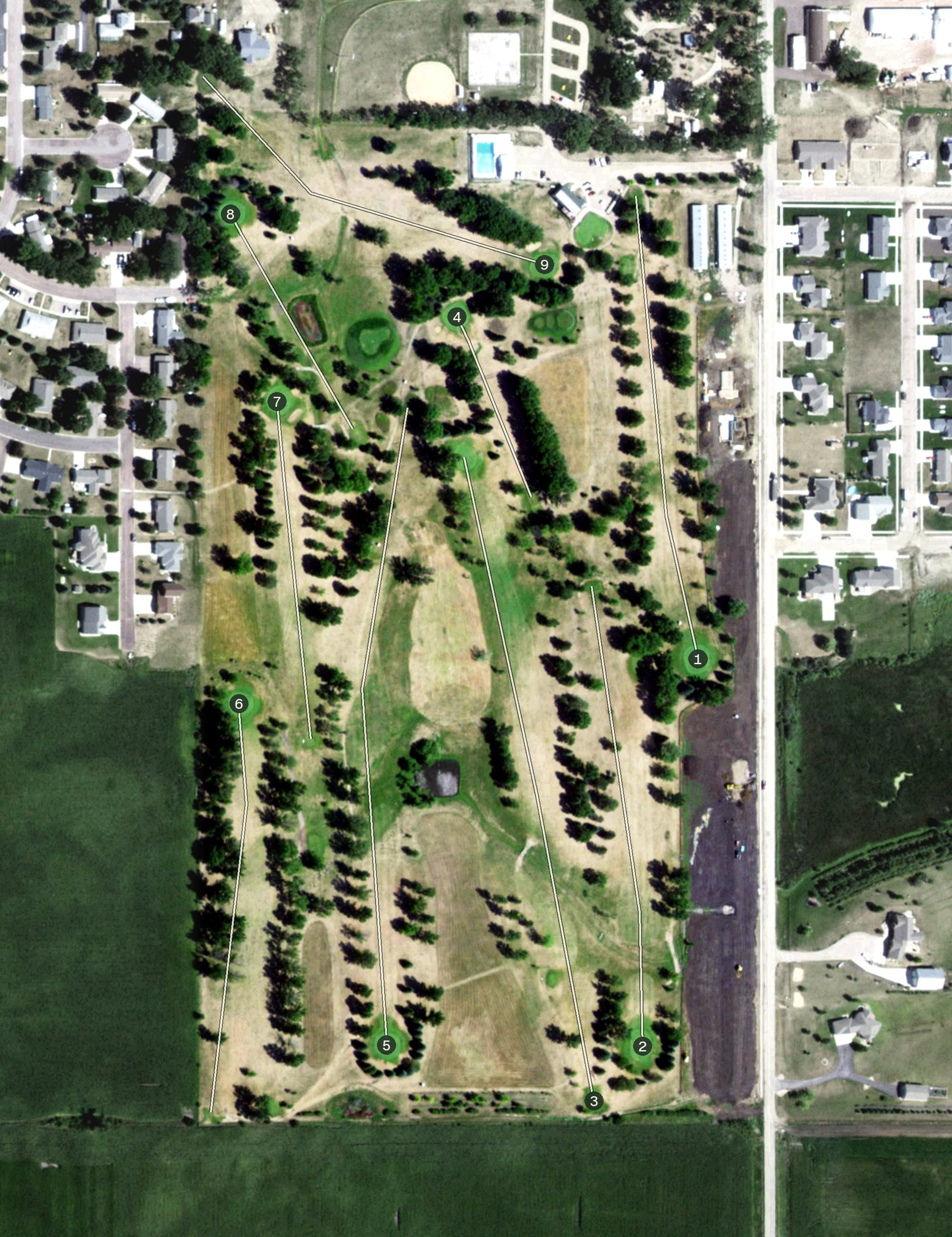 Aerial view of Sunrise Ridge Golf Course, SD, with its hole routing marked