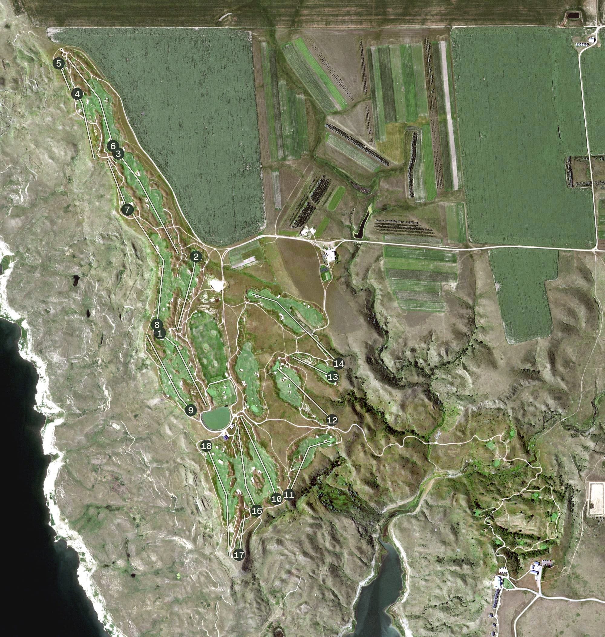Aerial view of Sutton Bay Golf Course, SD, with its hole routing marked
