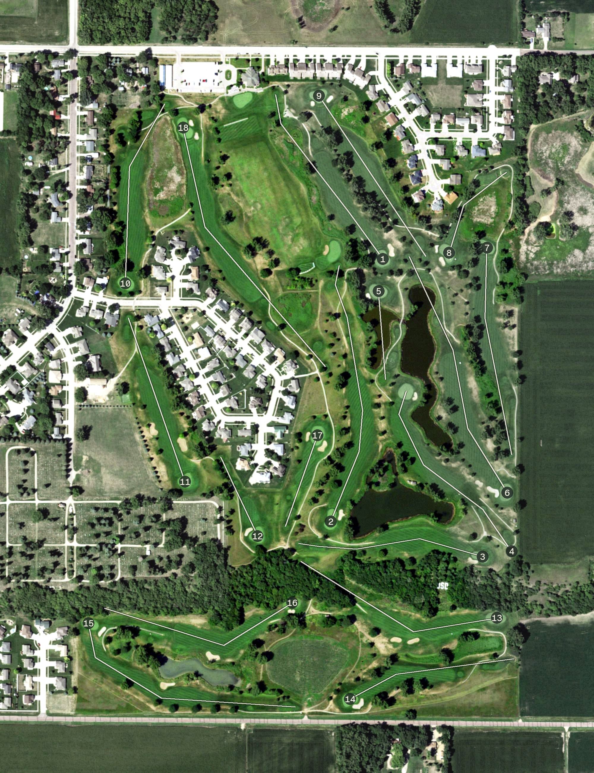 Aerial view of The Bluffs, SD, with its hole routing marked