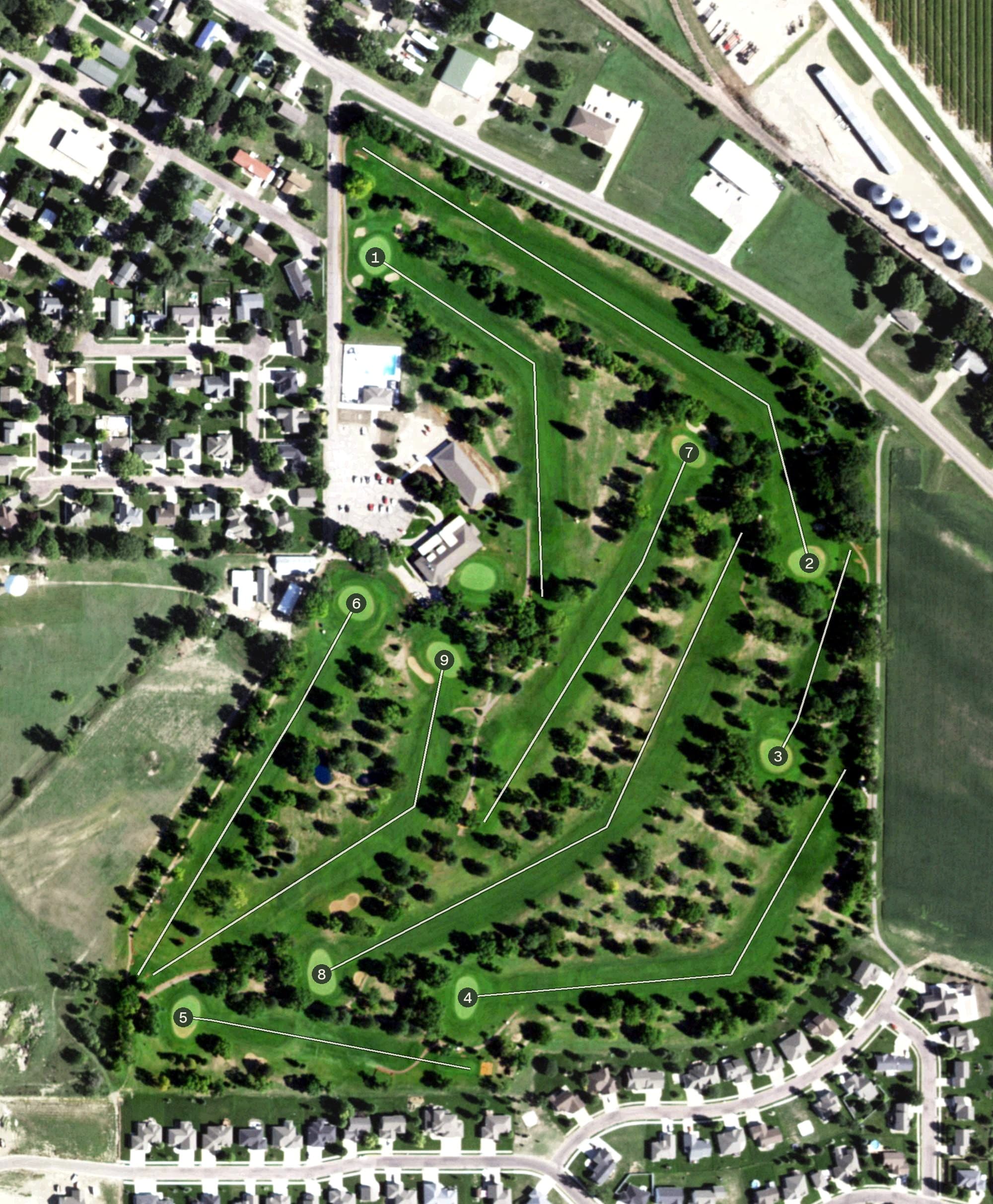 Aerial view of The Pointe Golf & Event Center, SD, with its hole routing marked