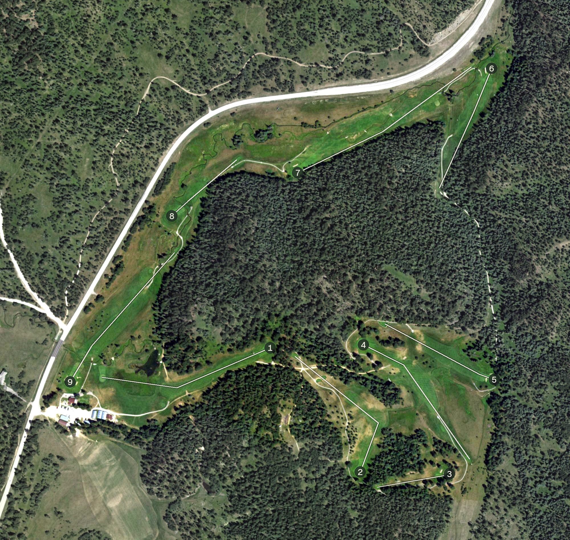 Aerial view of Tomahawk Lake Country Club, SD, with its hole routing marked