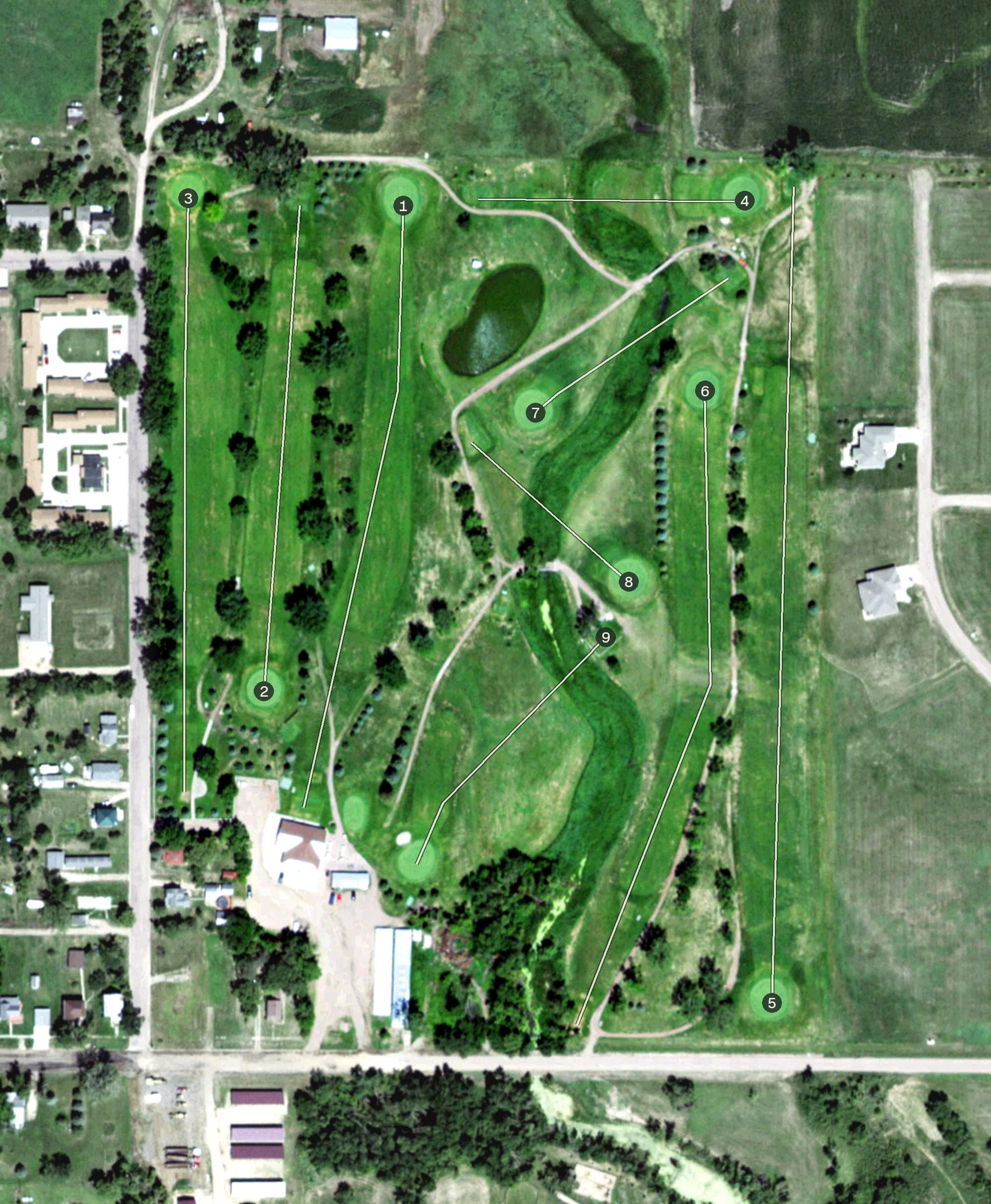 Aerial view of Village Green Golf Course, SD, with its hole routing marked