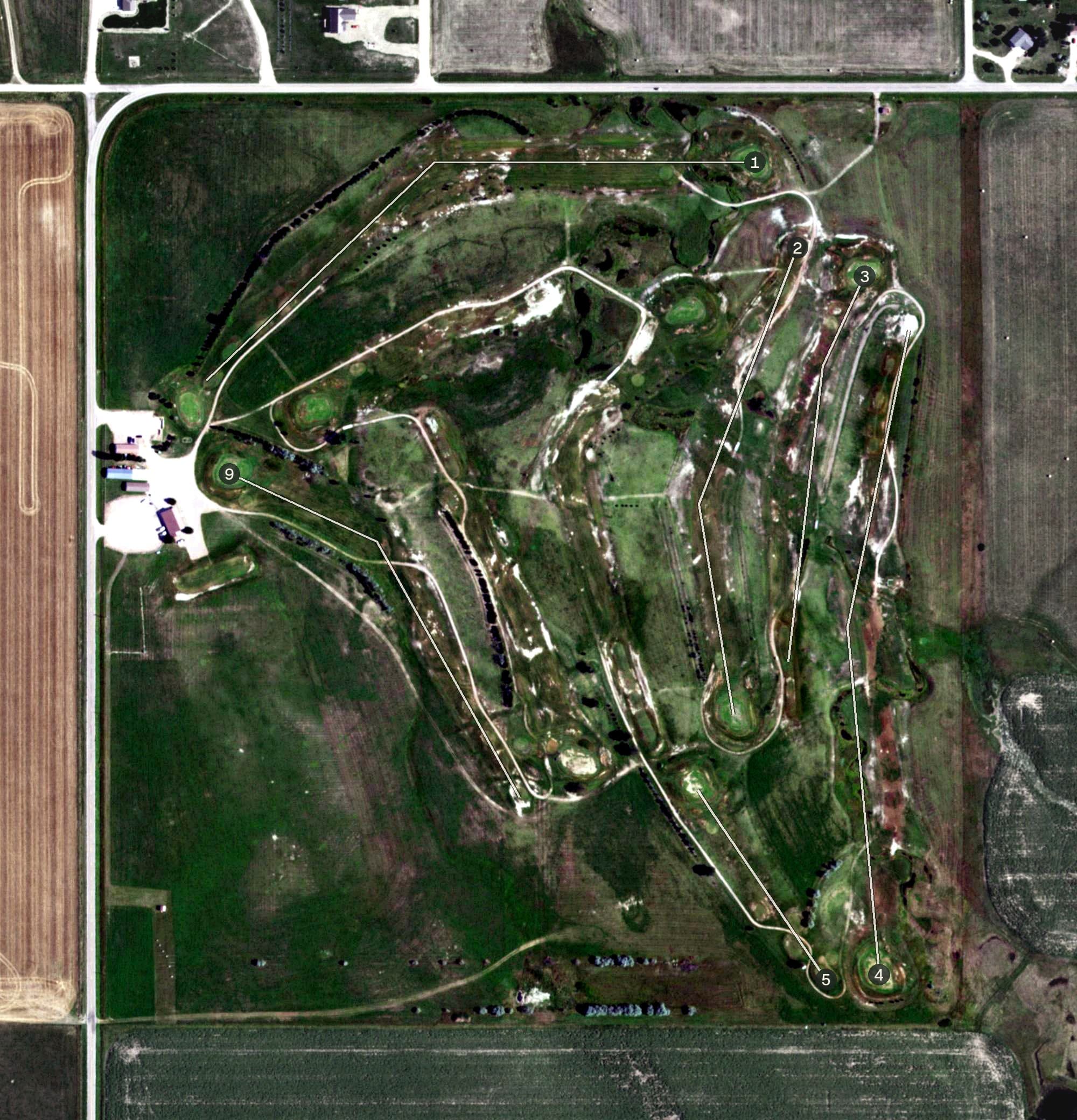 Aerial view of Wall Golf Course, SD, with its hole routing marked