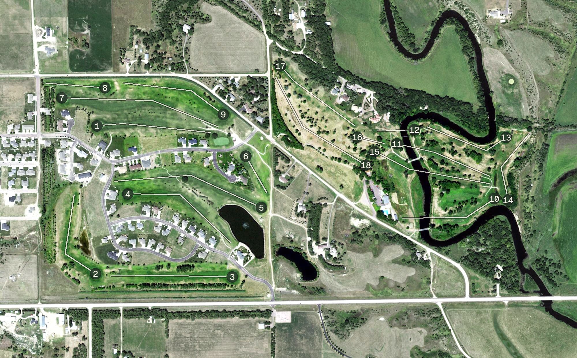 Aerial view of Wild Oak Golf Course, SD, with its hole routing marked