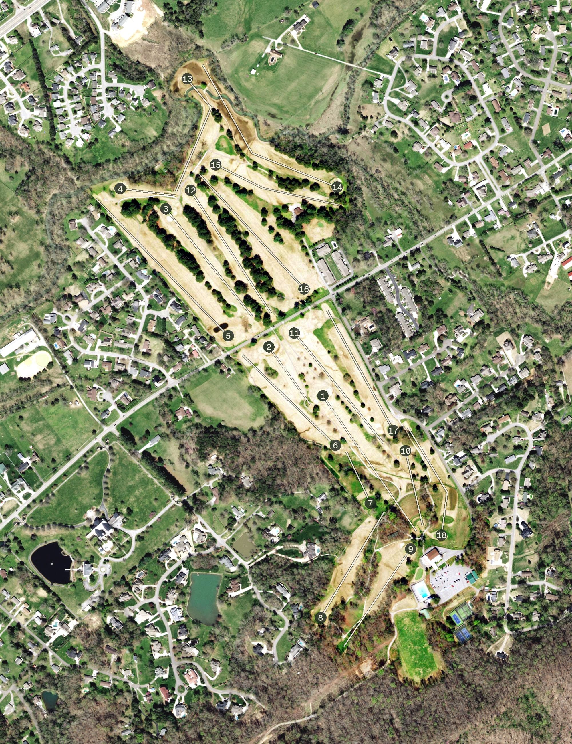 Aerial view of Beaver Creek Country Club, TN, with its hole routing marked