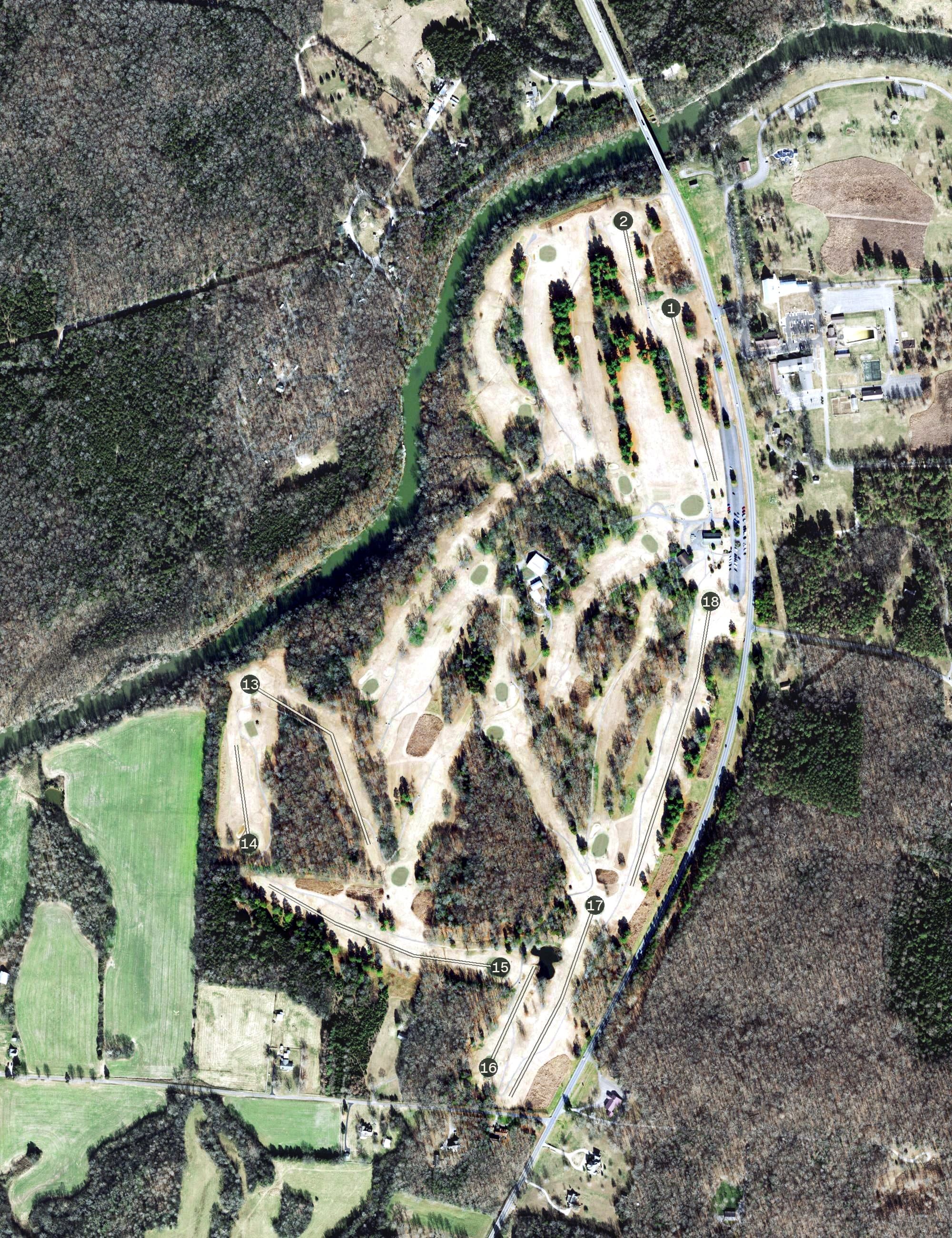 Aerial view of Bufford Ellington Golf Course, TN, with its hole routing marked