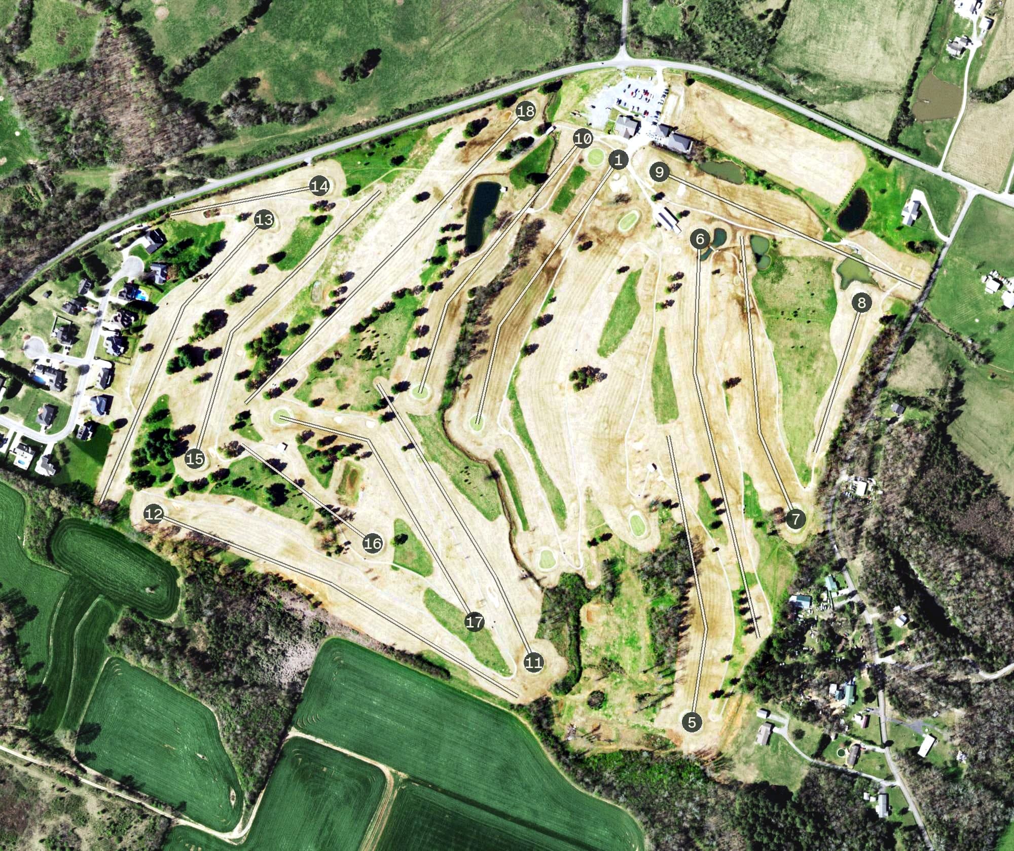 Aerial view of Chatata Valley Golf Club, TN, with its hole routing marked