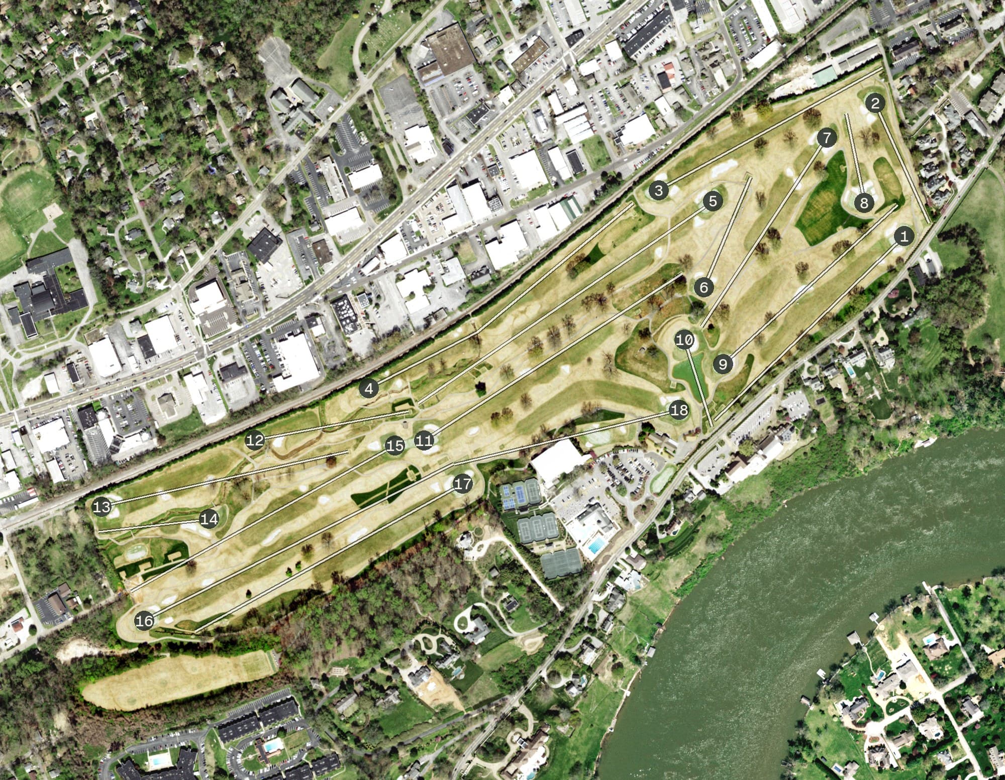 Aerial view of Cherokee Country Club, TN, with its hole routing marked