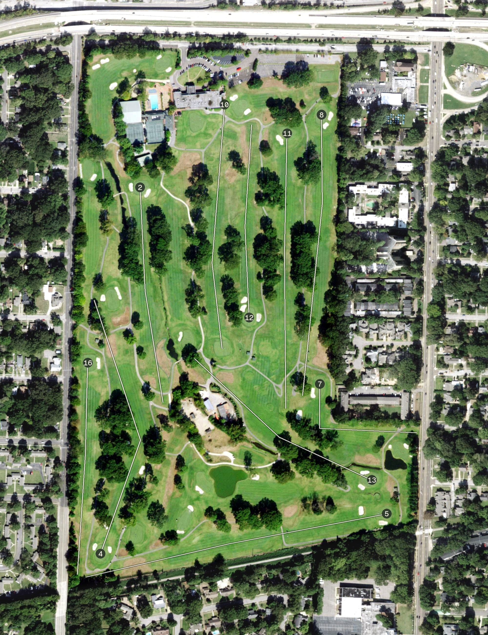 Aerial view of Chickasaw Country Club, TN, with its hole routing marked