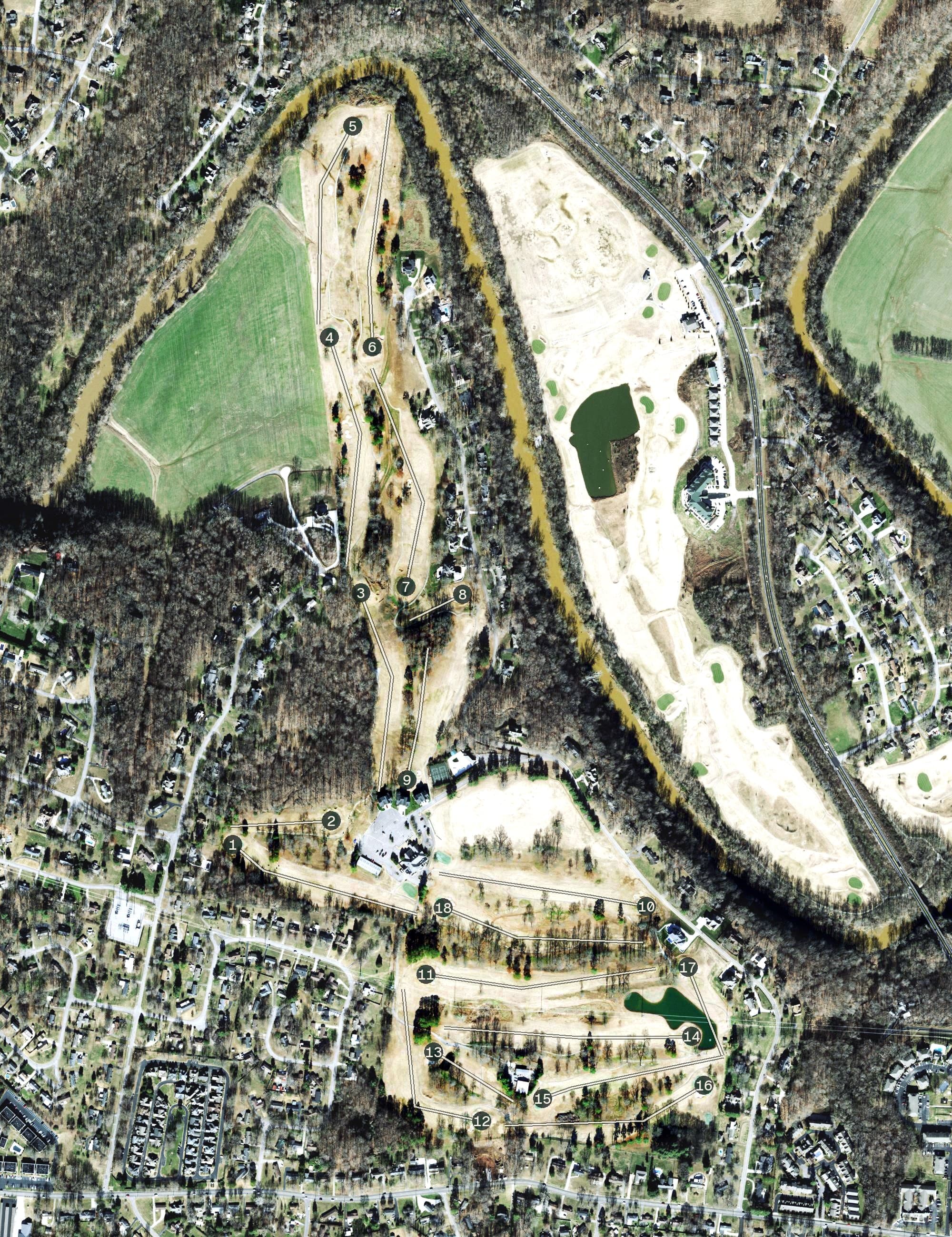 Aerial view of Clarksville Country Club, TN, with its hole routing marked