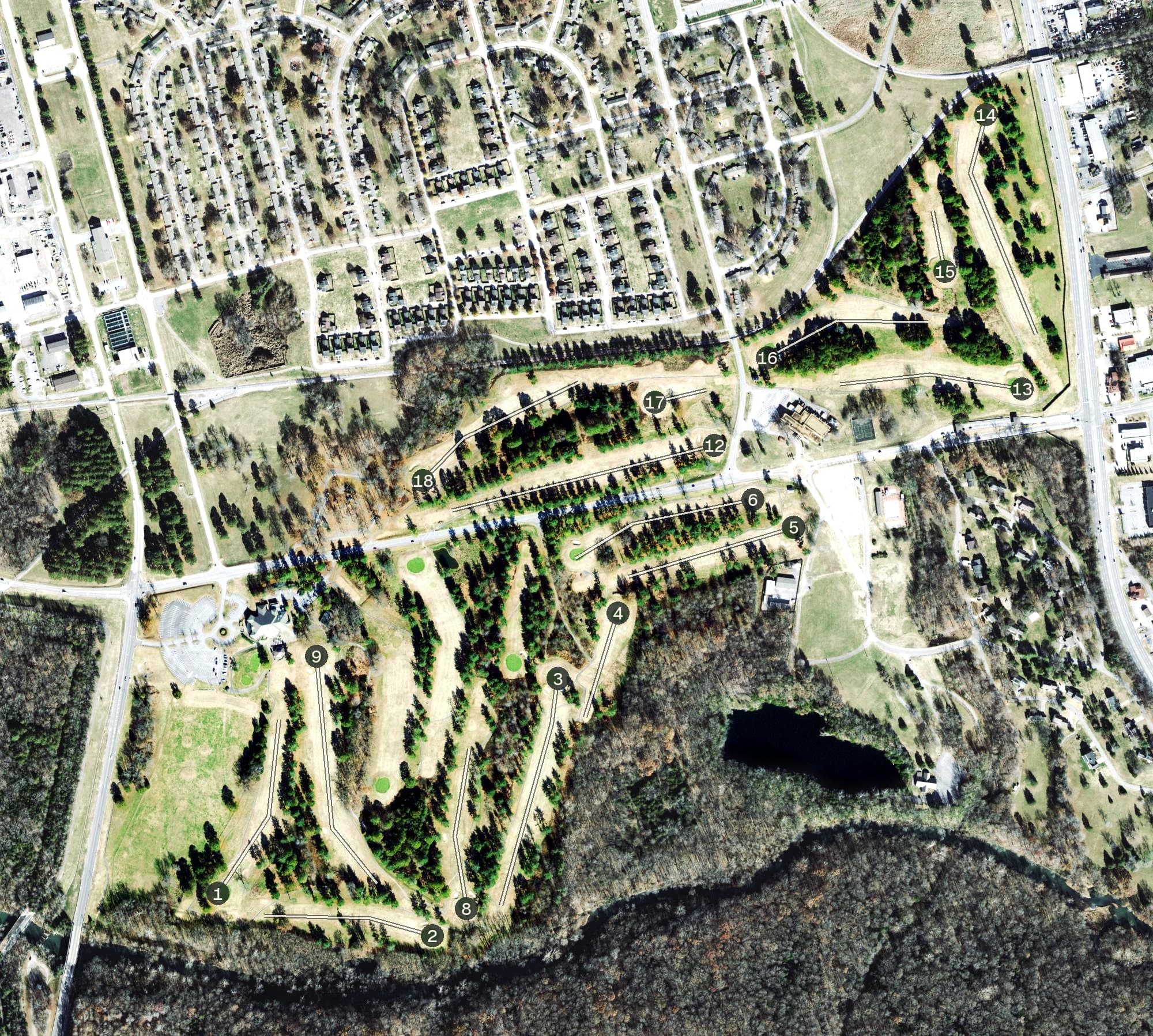Aerial view of Cole Park Golf Course, TN, with its hole routing marked