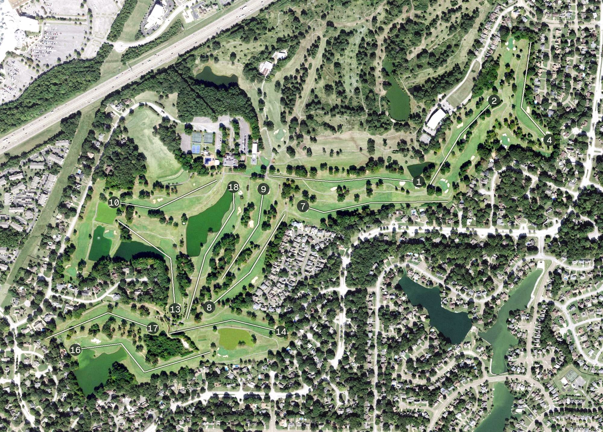 Aerial view of Colonial Country Club, TN, with its hole routing marked