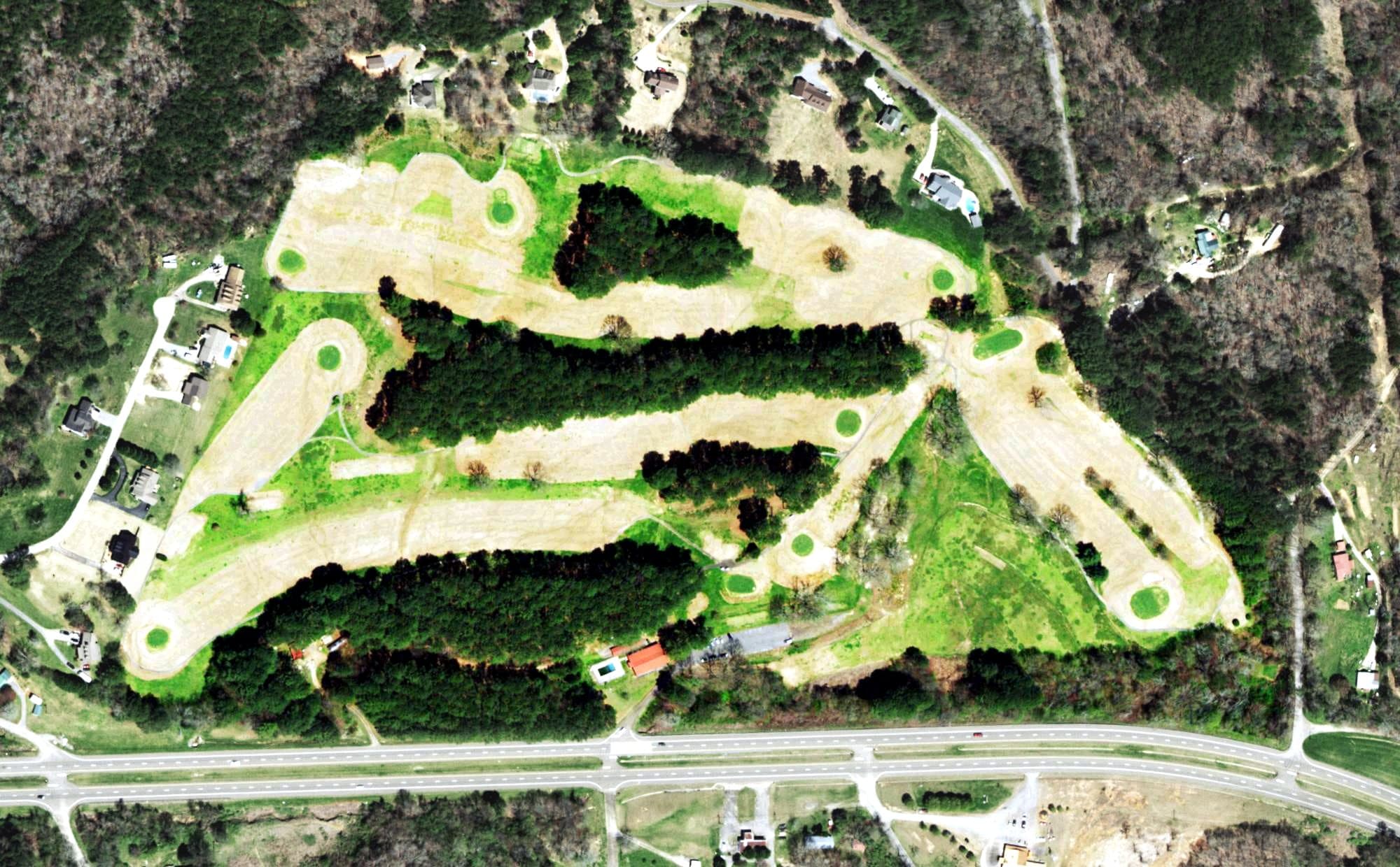 Aerial view of Copper Basin Golf Course, TN, with its hole routing marked