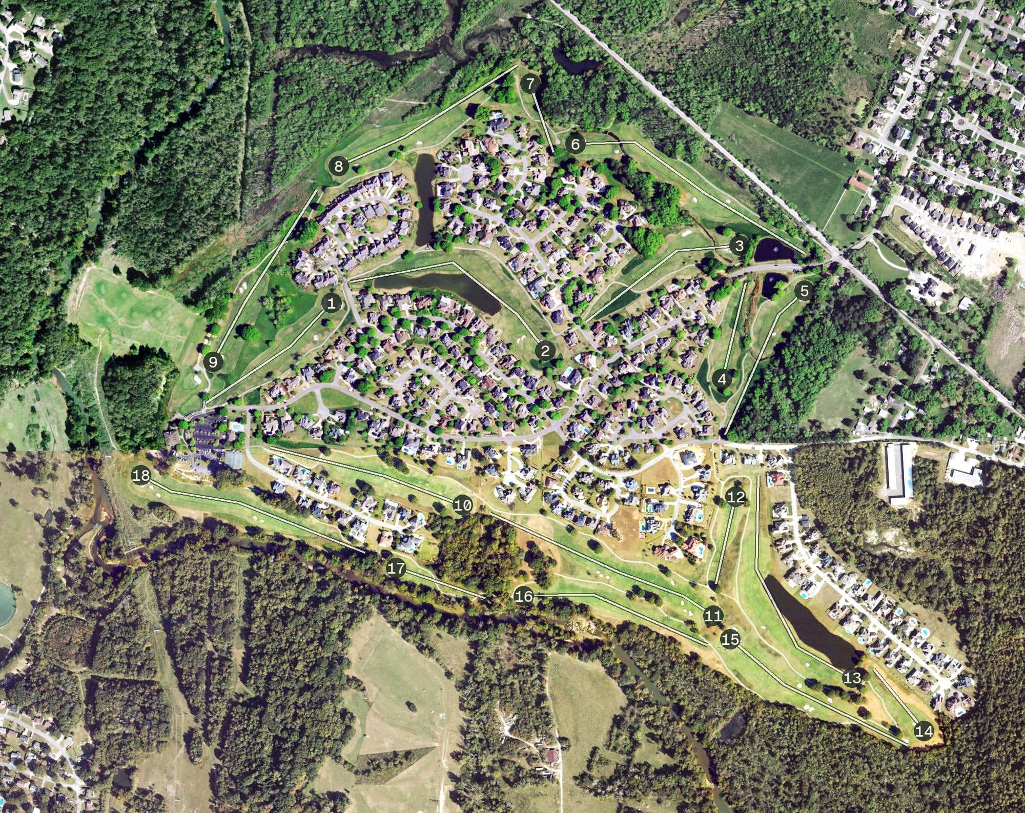 Aerial view of Council Fire Golf Club, TN, with its hole routing marked
