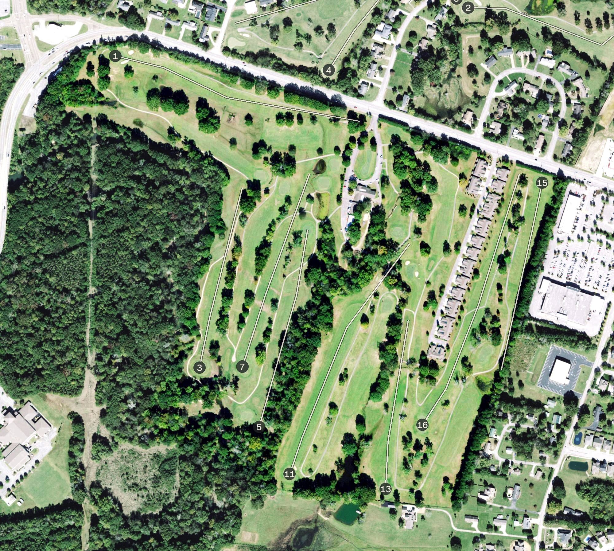 Aerial view of Creeks Bend Golf Club, TN, with its hole routing marked