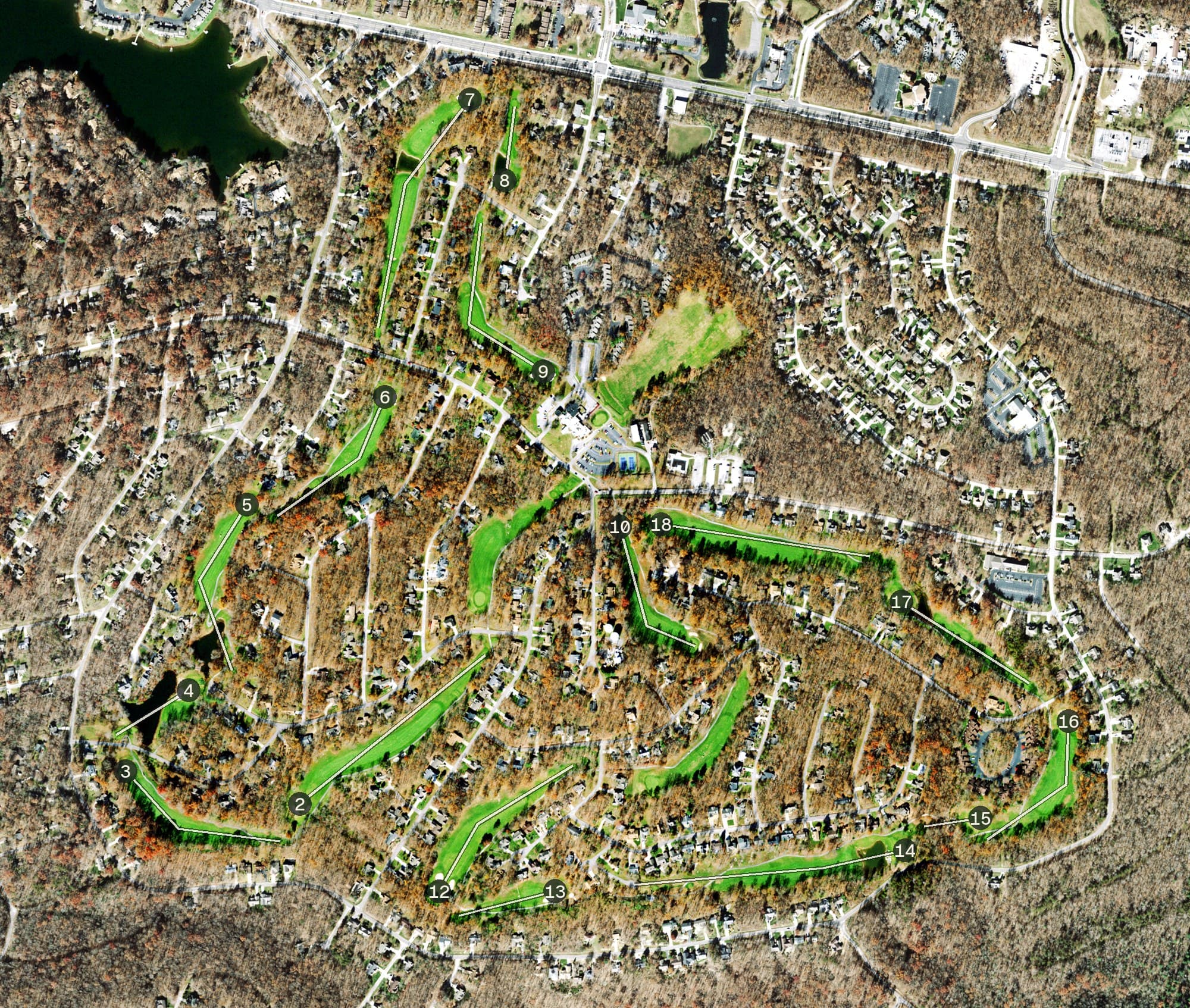 Aerial view of Druid Hills Golf Club, TN, with its hole routing marked