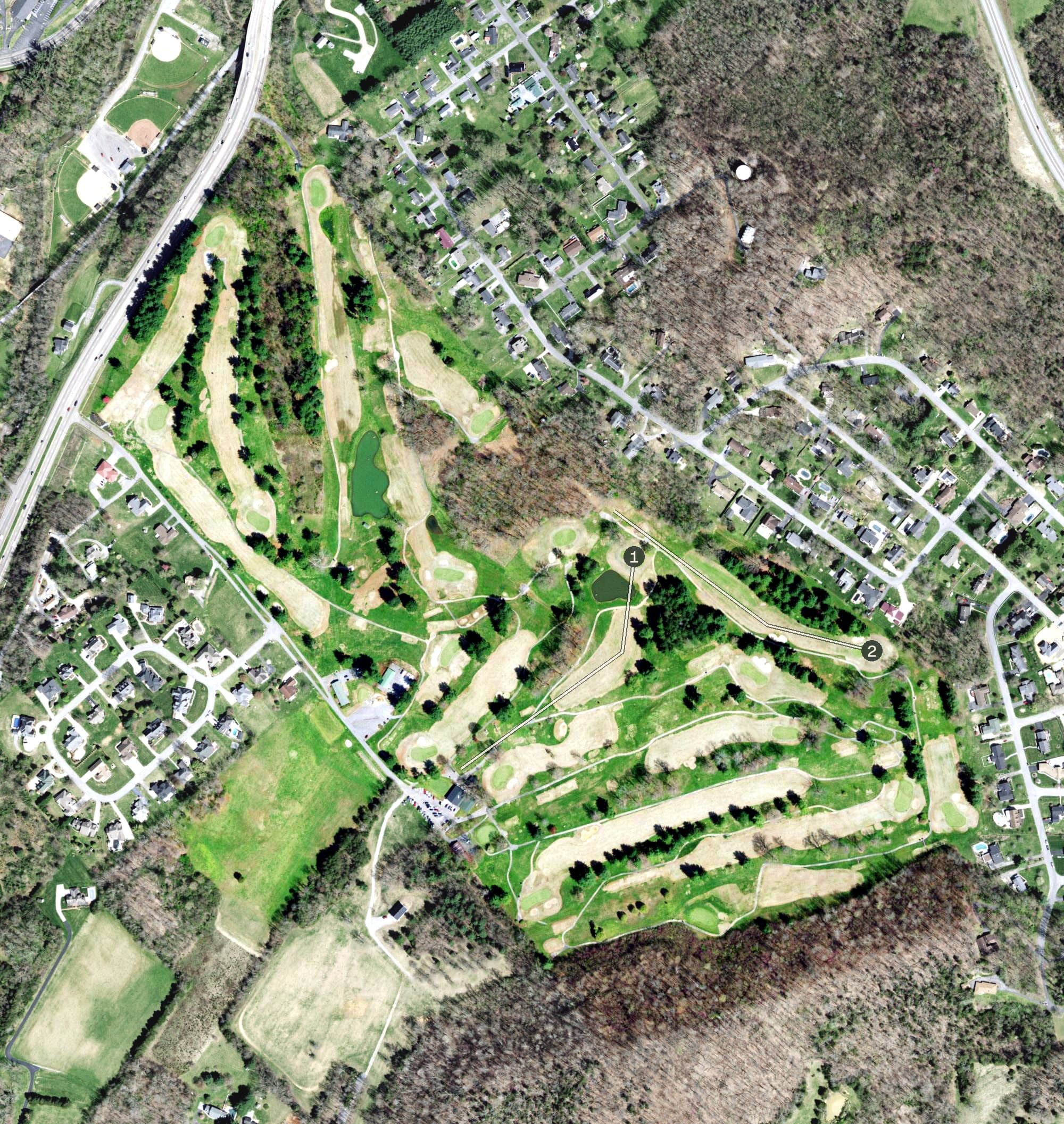 Aerial view of Elizabethton Municipal Golf Course, TN, with its hole routing marked