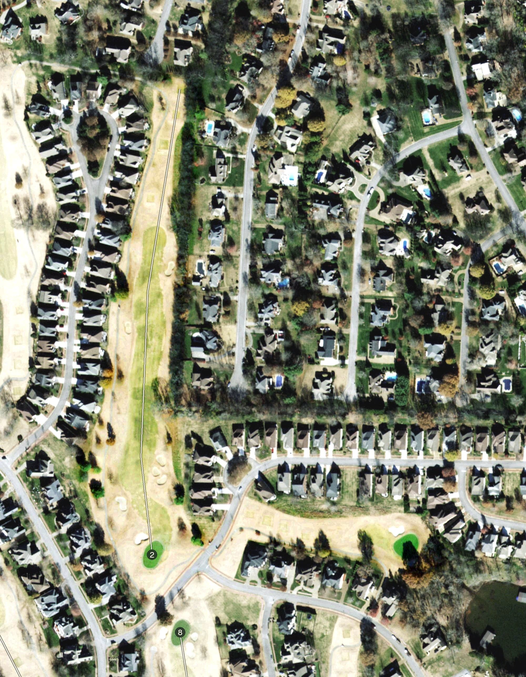 Aerial view of Fairvue, TN, with its hole routing marked