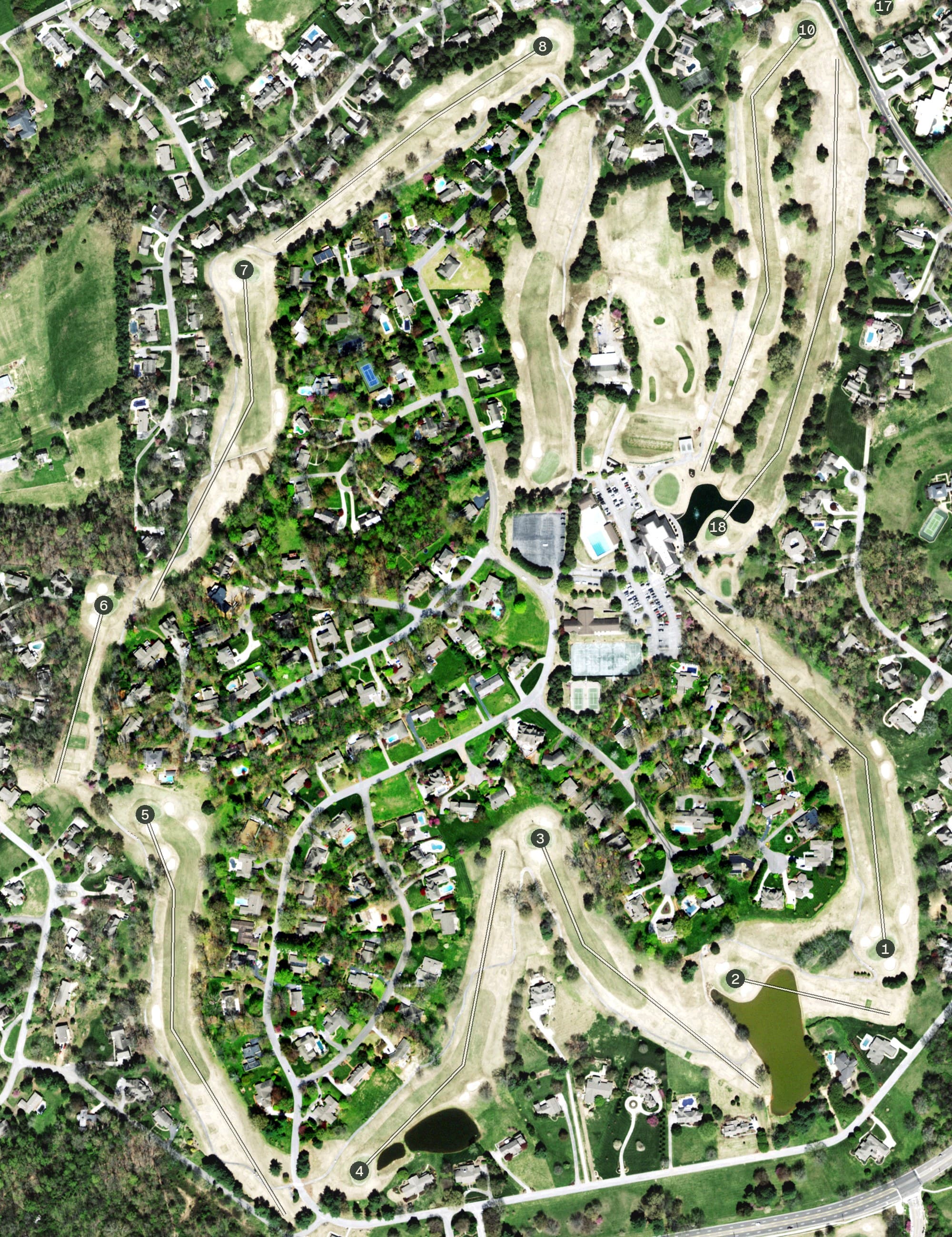Aerial view of Fox Den Country Club, TN, with its hole routing marked