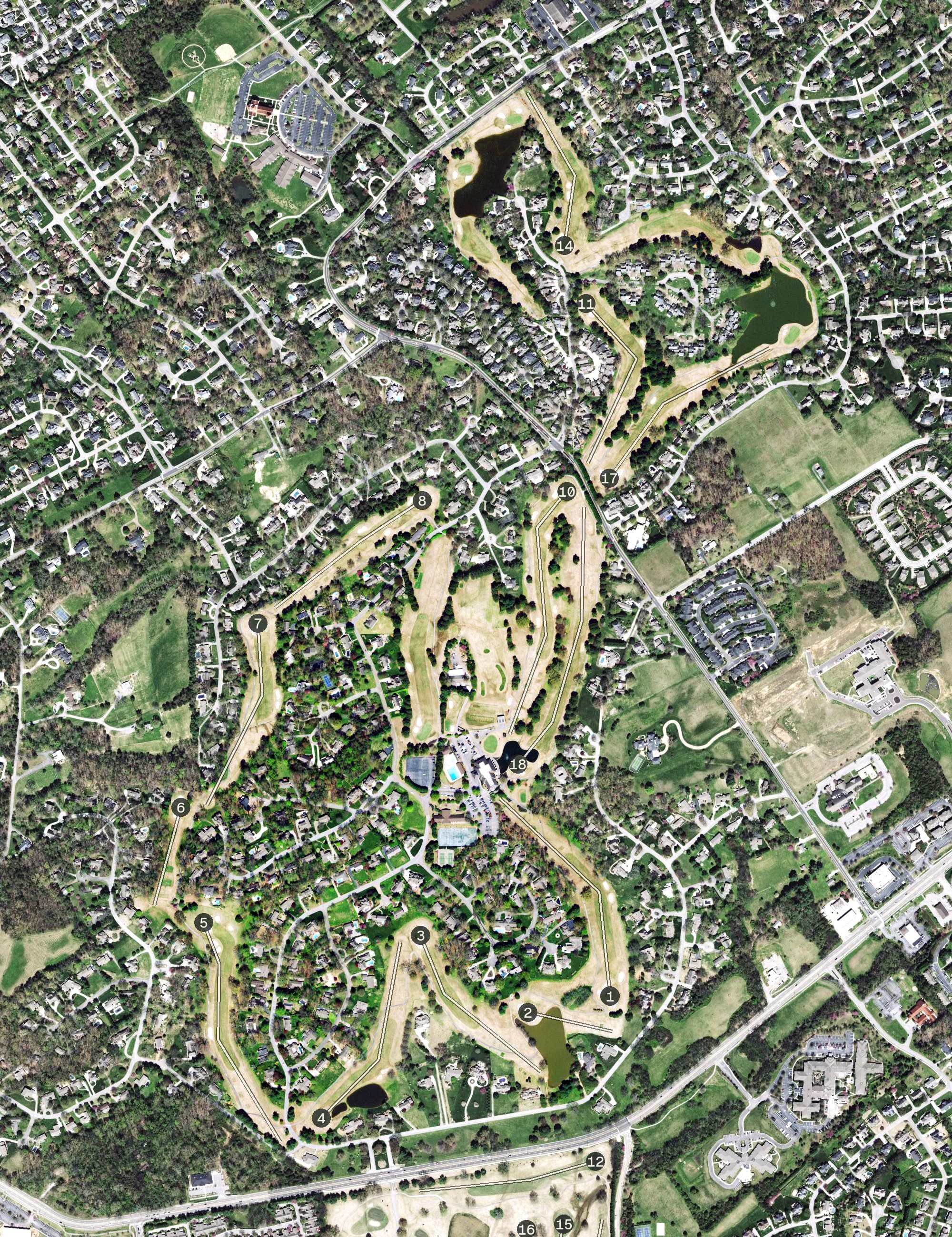 Aerial view of Fox Den Golf and Country Club, TN, with its hole routing marked