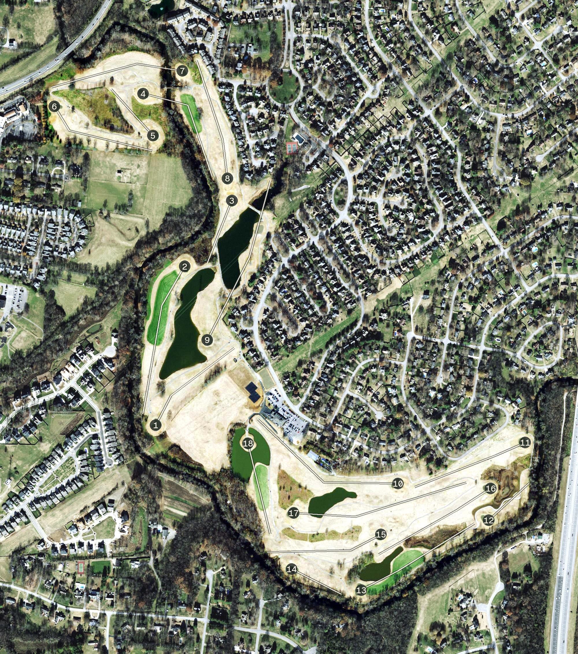 Aerial view of Franklin Bridge Golf Course, TN, with its hole routing marked