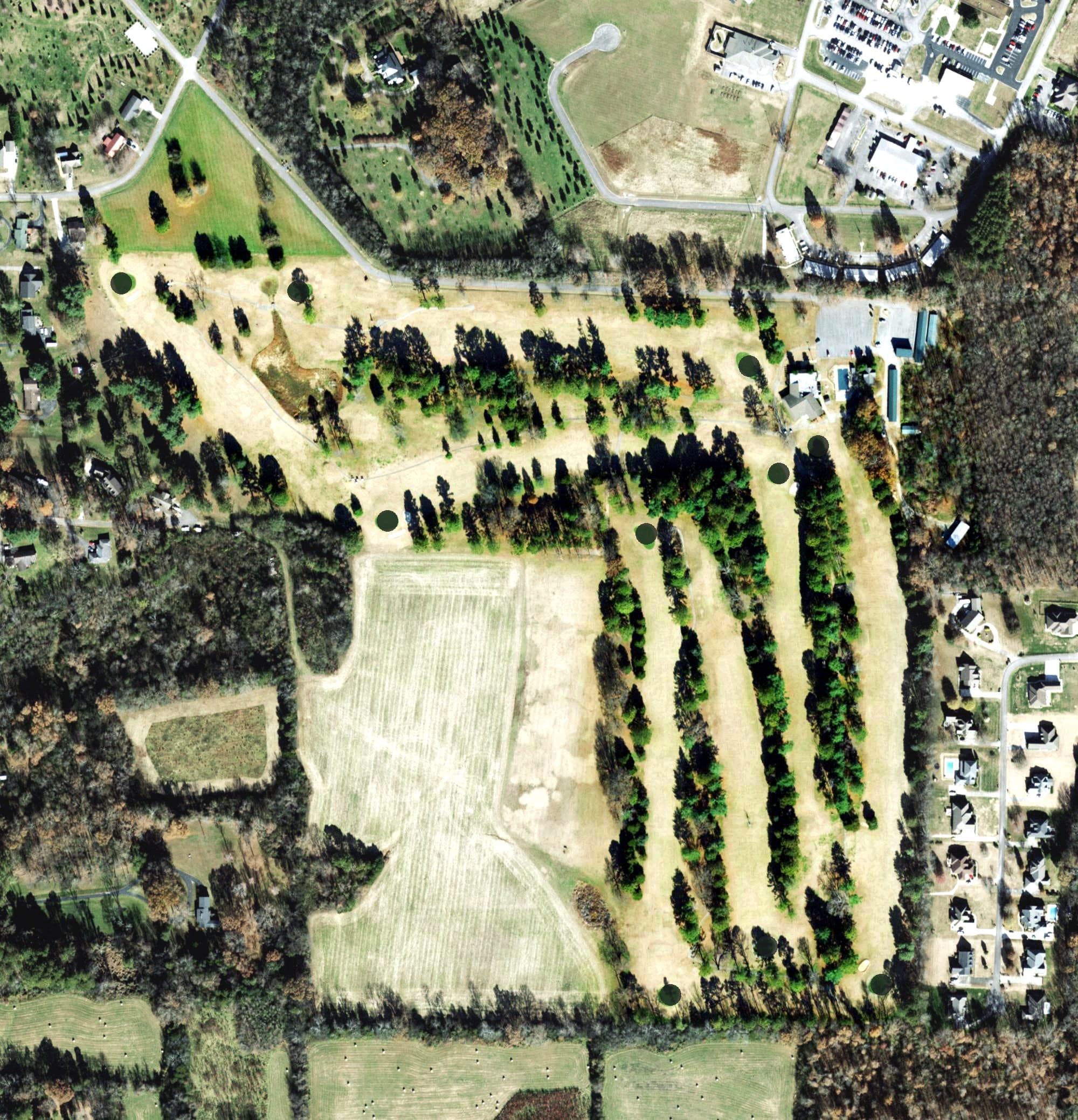 Aerial view of Franklin County Country Club, TN, with its hole routing marked